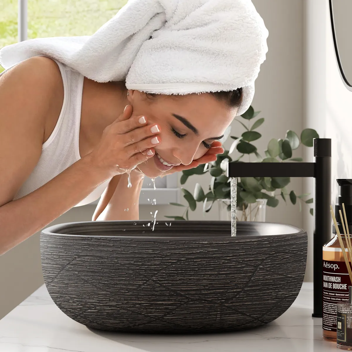 15.7" Ceramic Round Bathroom Vessel Sink Retro Washbasin — image 29