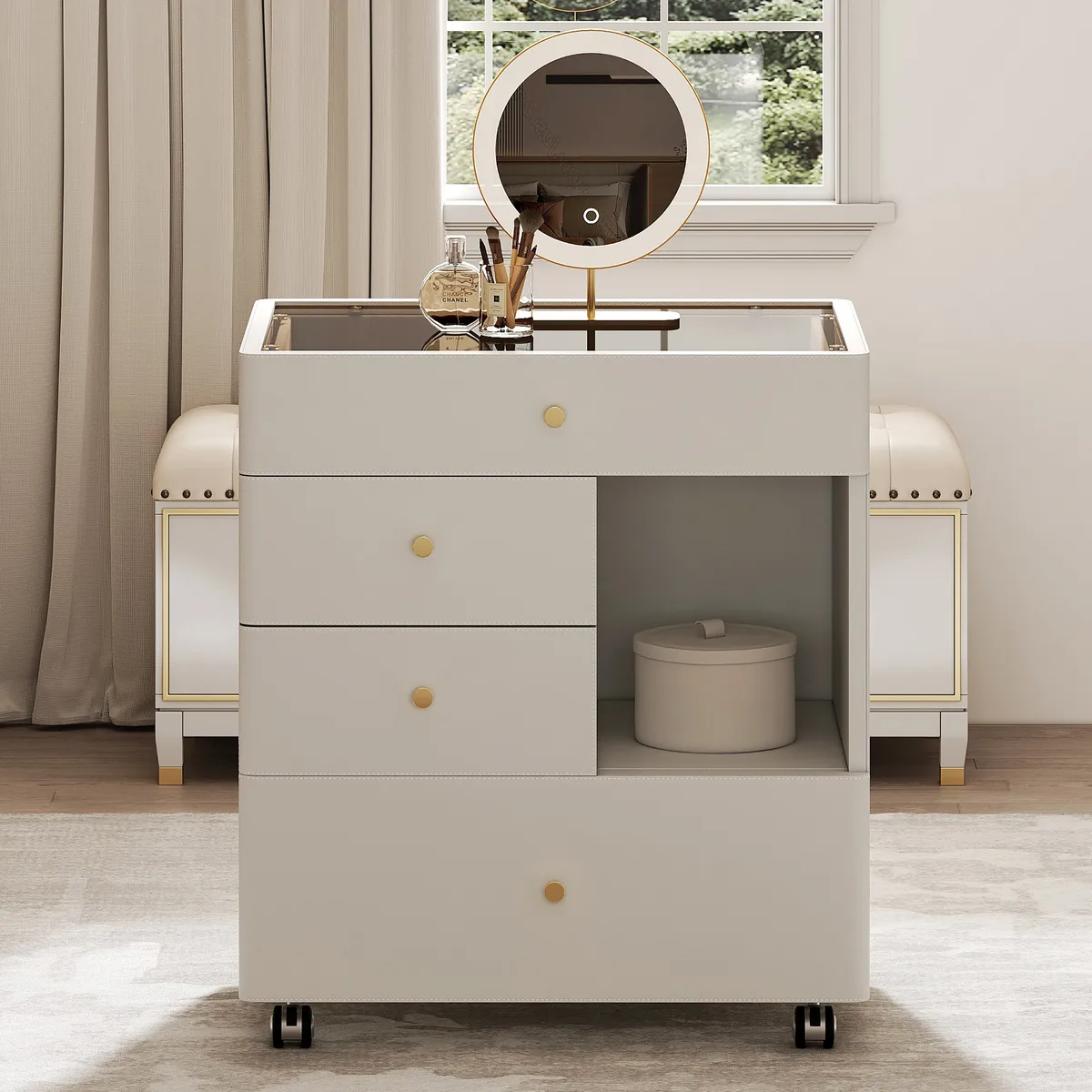 Saddle Leather Walk-In Closet Island Jewelry Dresser with Glass Top — image 3