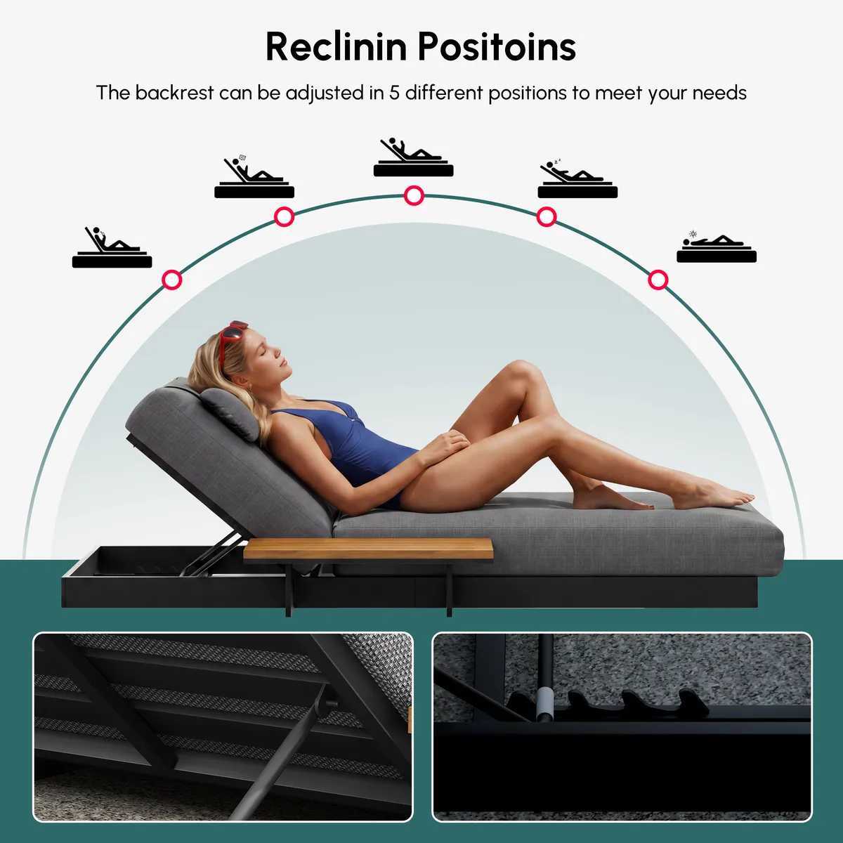 Tevara Single Outdoor Teak & Aluminum Adjustable Chaise Lounge with Black Cover — image 6