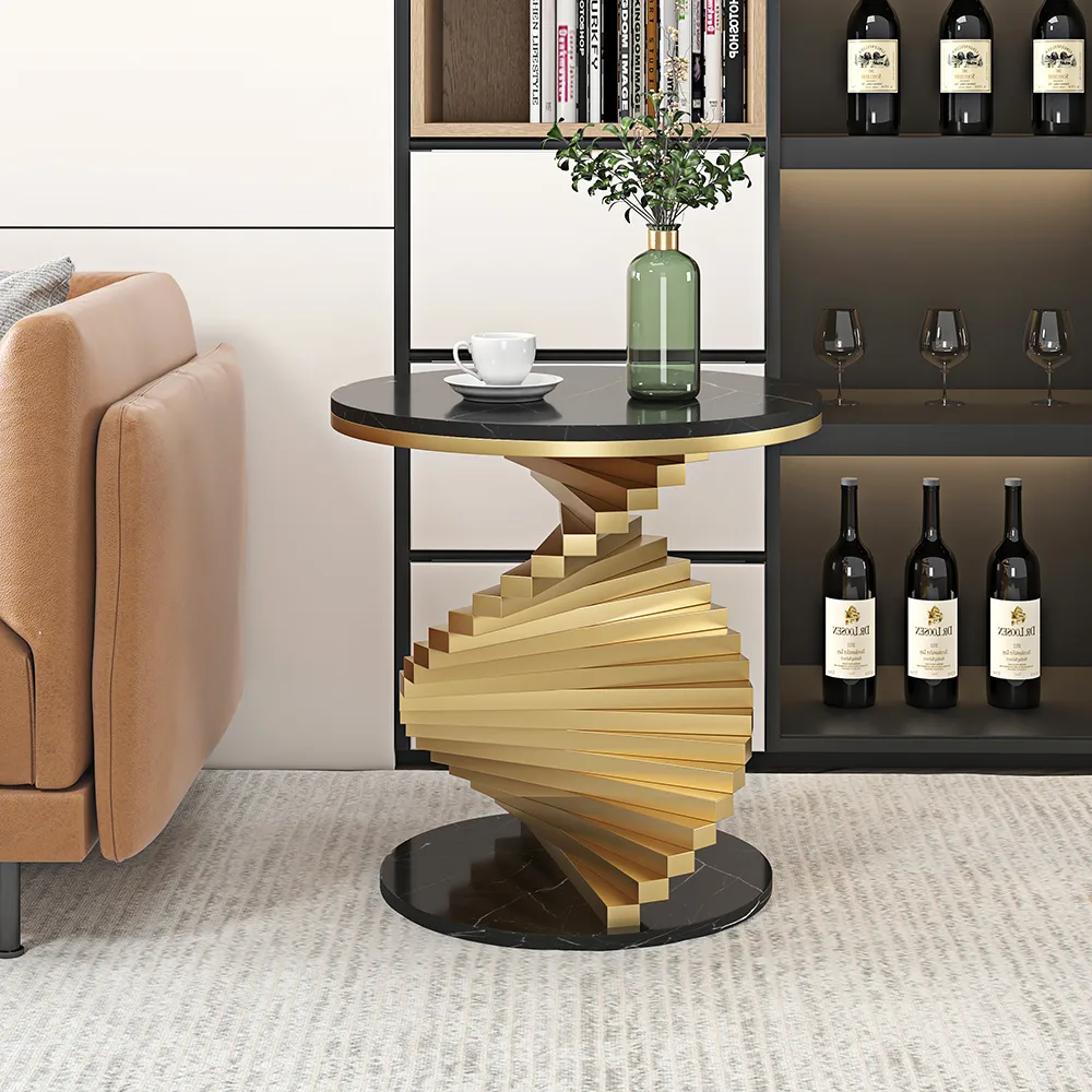 Round Marble Tabletop End Table with Metal Frame Modern Black & Gold Side Table — image 13