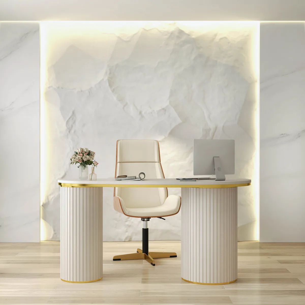 55.1" Modern Black Curved Desk 3-Drawer Wooden Home Office Desk Double Pedestal — image 16
