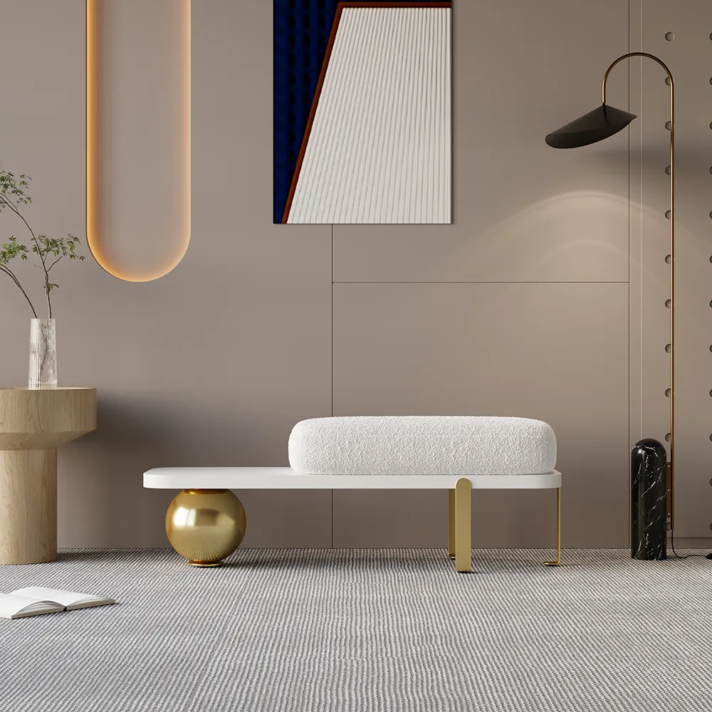 Ball design Entryway Bench Wooden Furniture with Abstract Metal Legsin White & Gold (47.2" Wide) — image 3