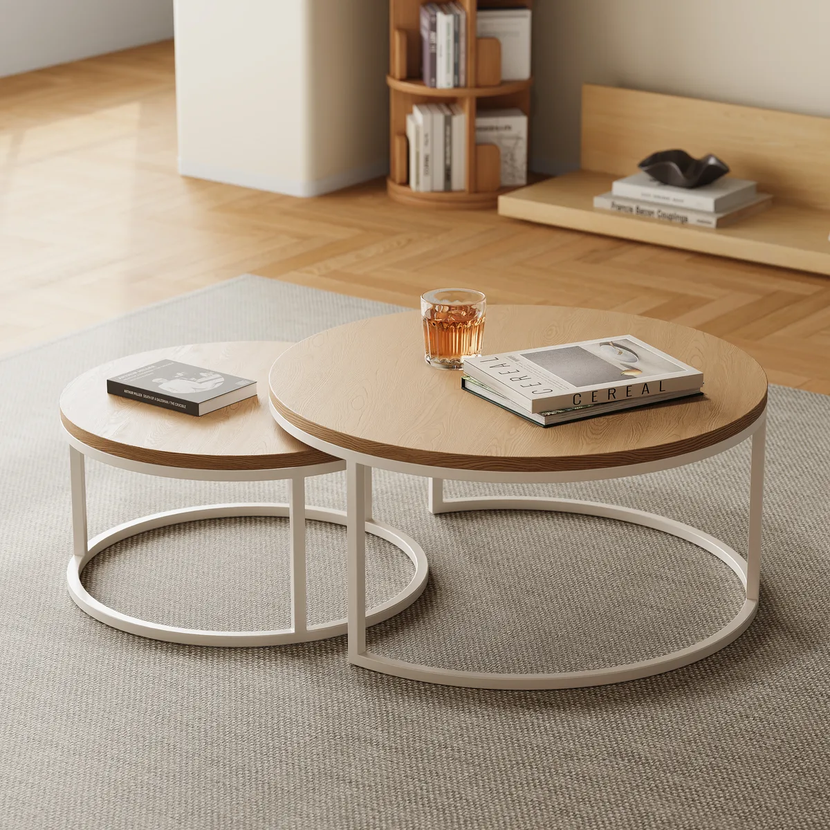 Fero Round Nesting Coffee Table Set of 2, Light Oak Top & White Metal Frame, Modern Scandinavian Style, for Living Spaces, (800mm-600mm)