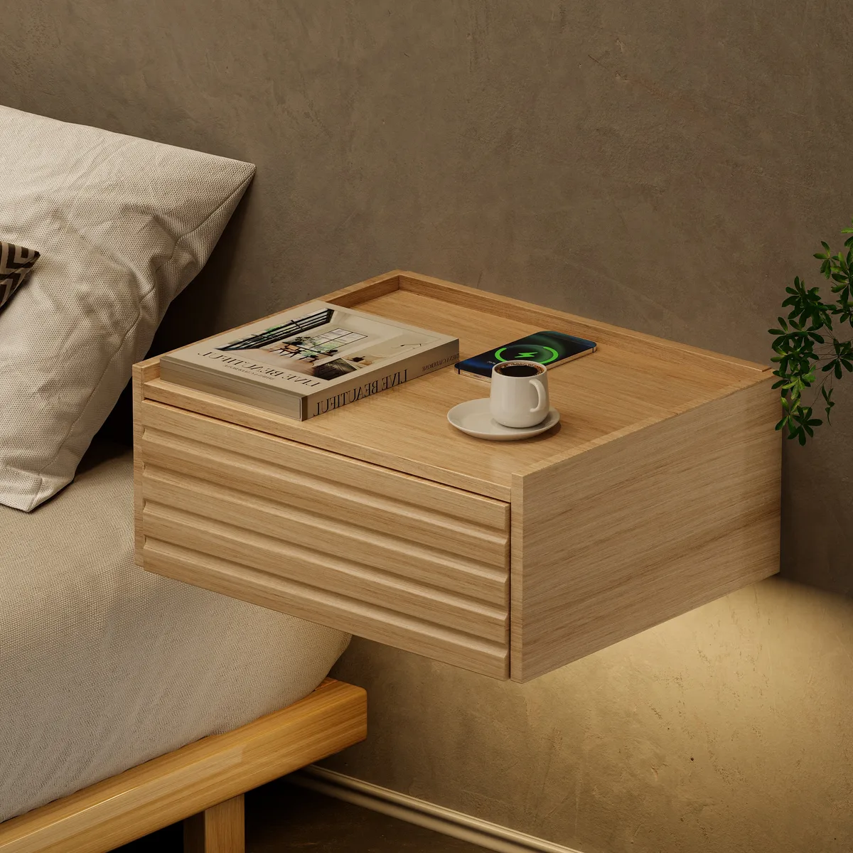 Wooden Floating Nightstand Modern Bedside Table with Charging Station Japanese Style — image 16