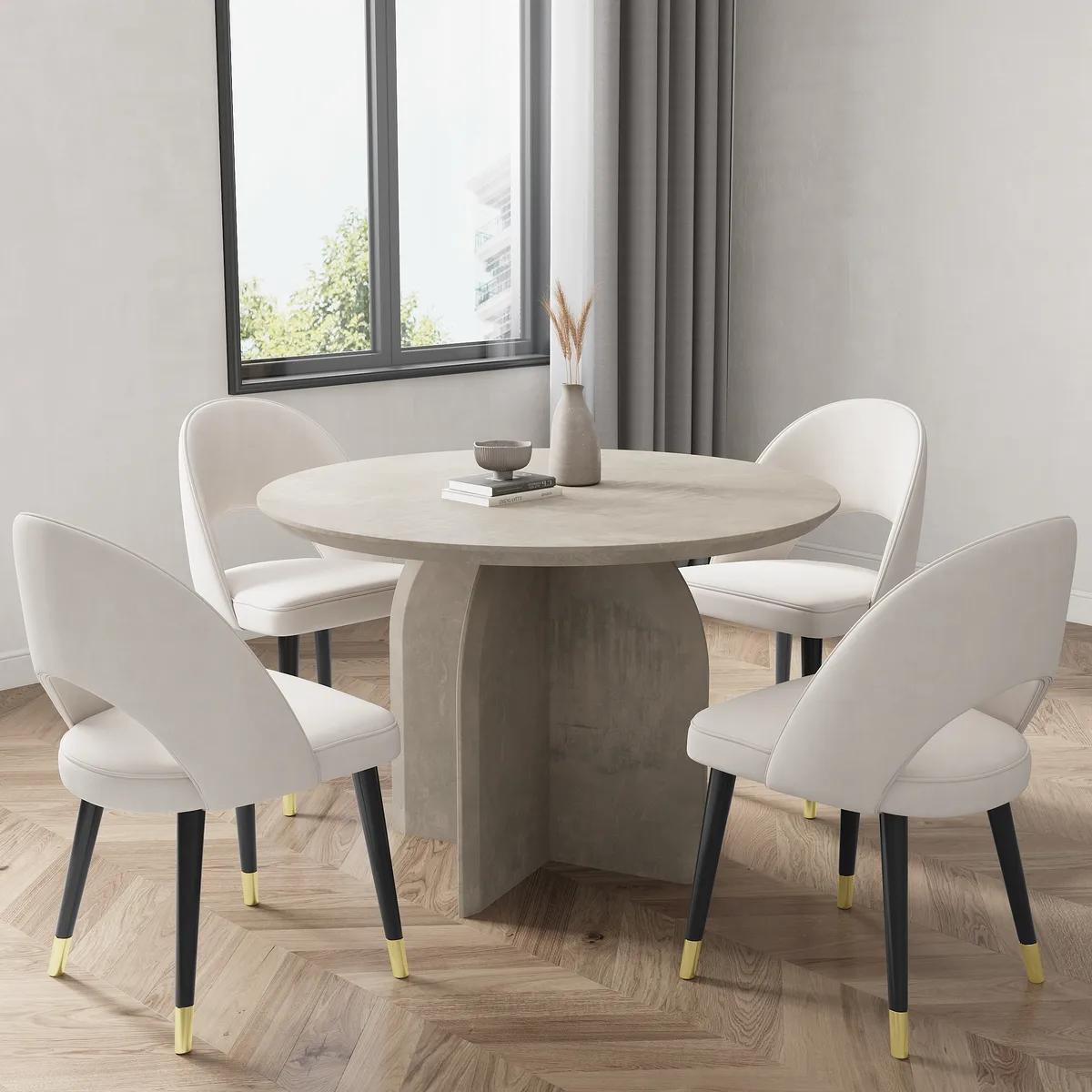 Dining Table Set 39.4" Round Wood Dining Table & 4 Upholstered Light Gray Velvet Dining Chairs Modern