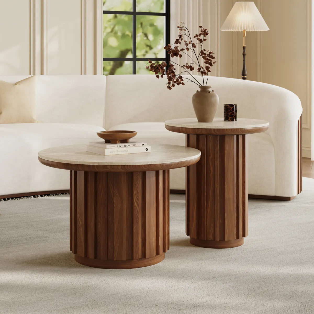 Aura Ash Wood Slatted Round Coffee Table with Sintered Stone Top — image 2