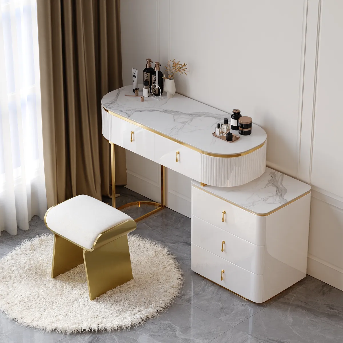 Nordic Makeup Vanity Extendable with 5-Drawer Dressing Table with Stone Top in Champagne — image 13