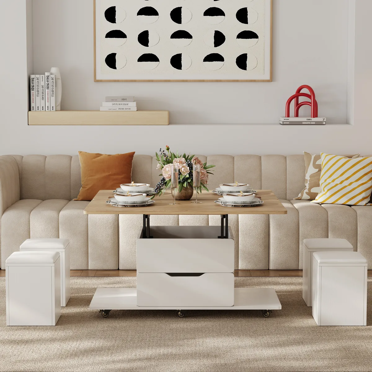Modern Walnut Lift Top Coffee Table 4 in 1 with Storage Ottoman Foldable and Casters — image 26