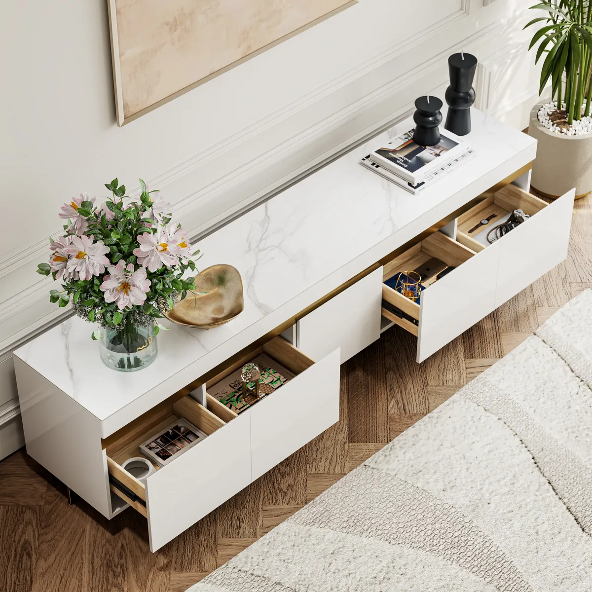 86" White Sintered Stone Top TV Stand with 4 Drawers — image 4