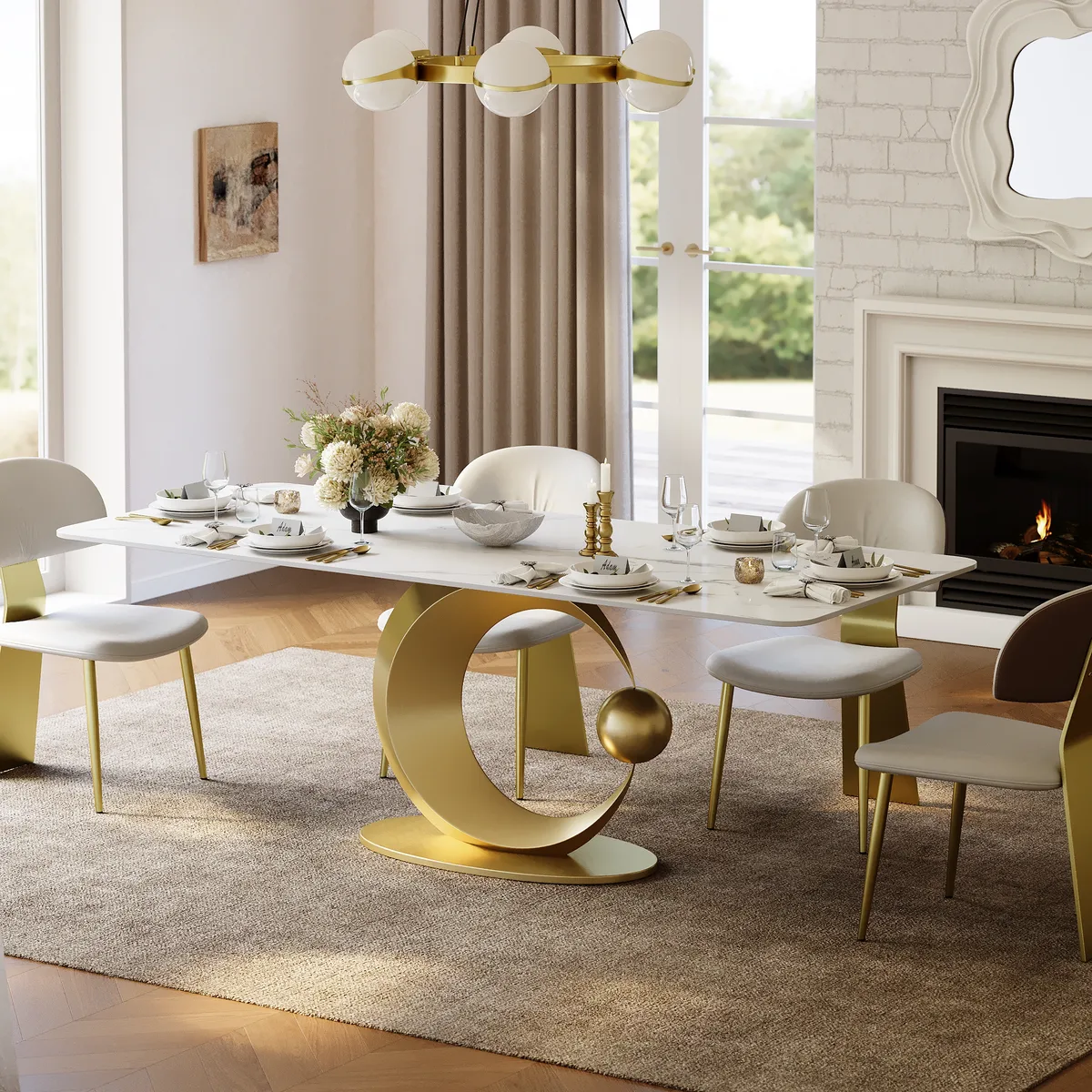 71" White Rectangular Dining Table Modern Faux Marble Tabletop with Pedestal Base — image 2