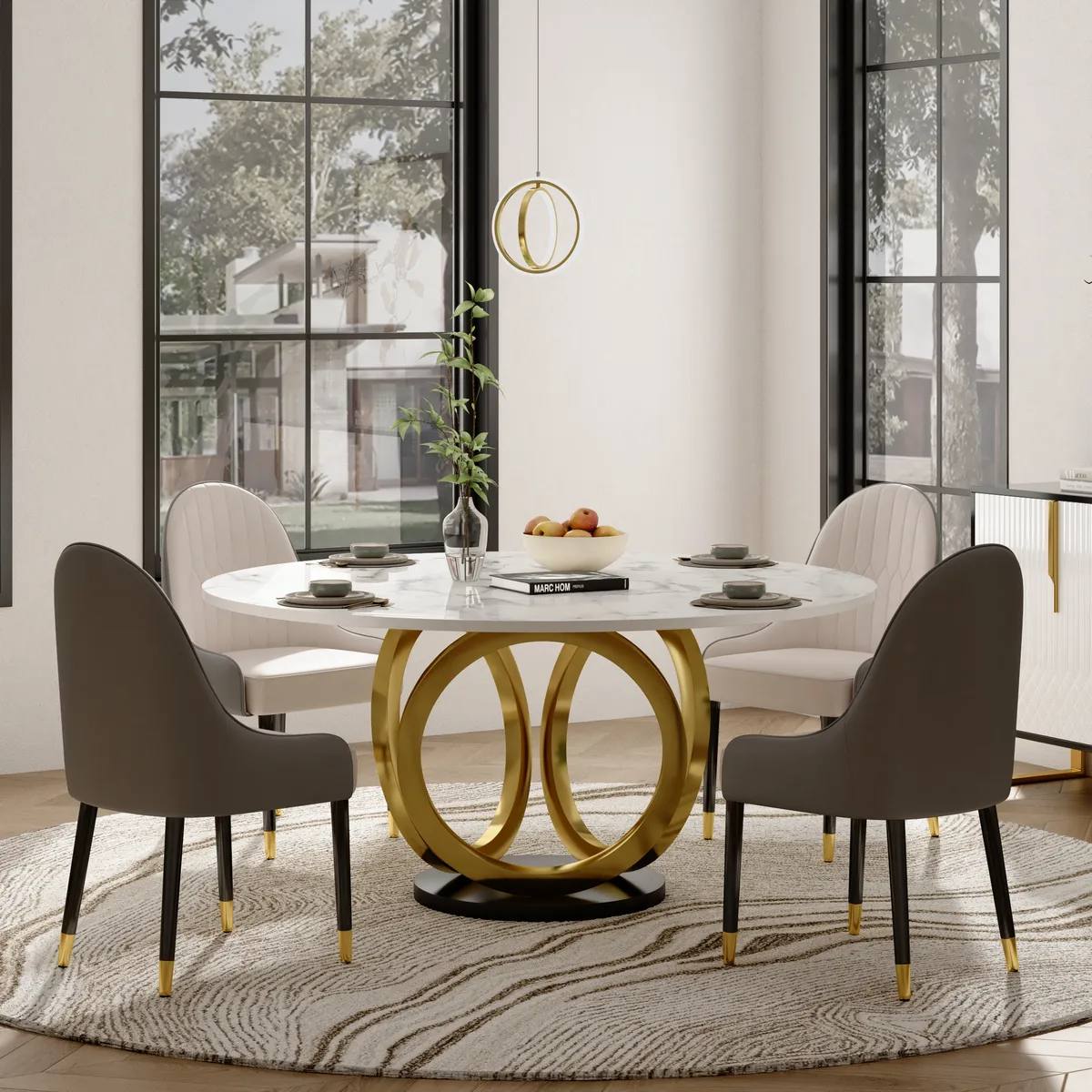 Dining Table Set 53.1" Faux Marble Dining Table White with 4 Velvet Chairs Modern — image 26