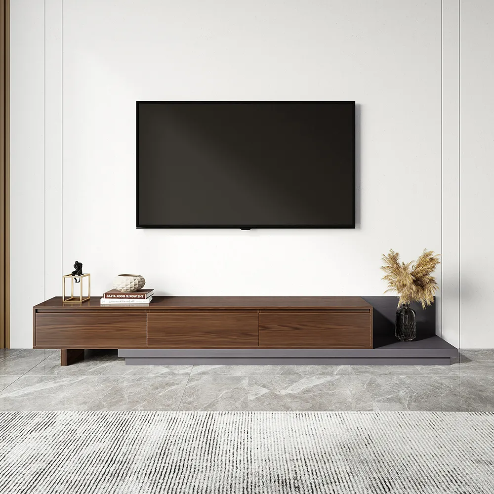 Living Room Cabinet Set Rectangle Gray Extendable TV Stand & Wood Round Nesting Coffee Table — image 26
