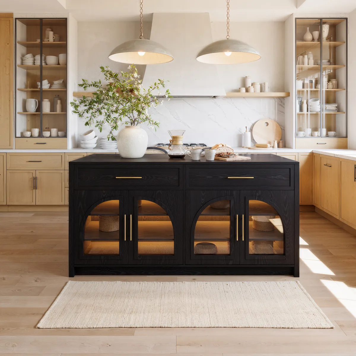 71" Modern Style Black Kitchen Islands with Glass Doors & Drawers