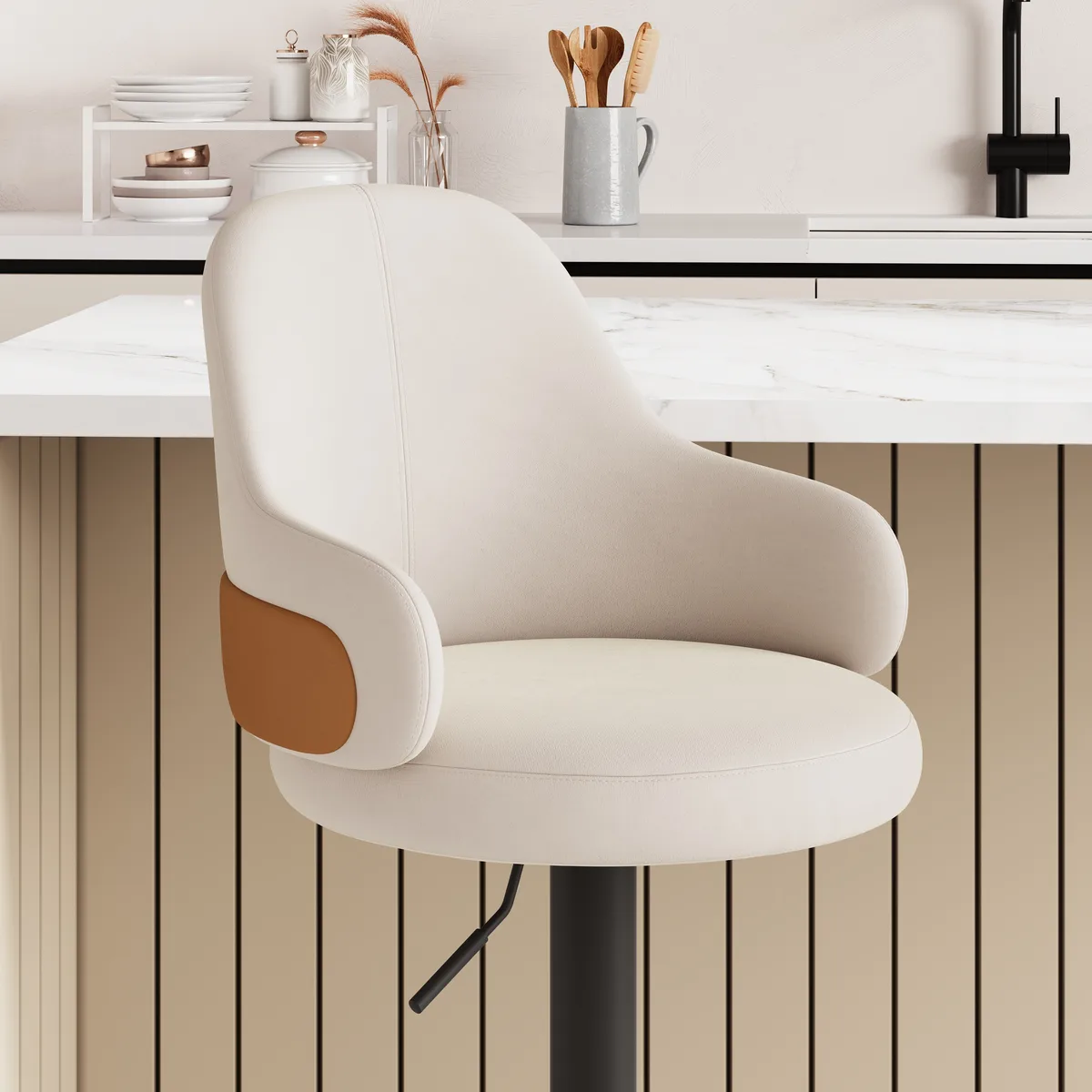 Swivel Bar Stool for Kitchen Island Curved Wing Back White Velvet Adjustable Height — image 4