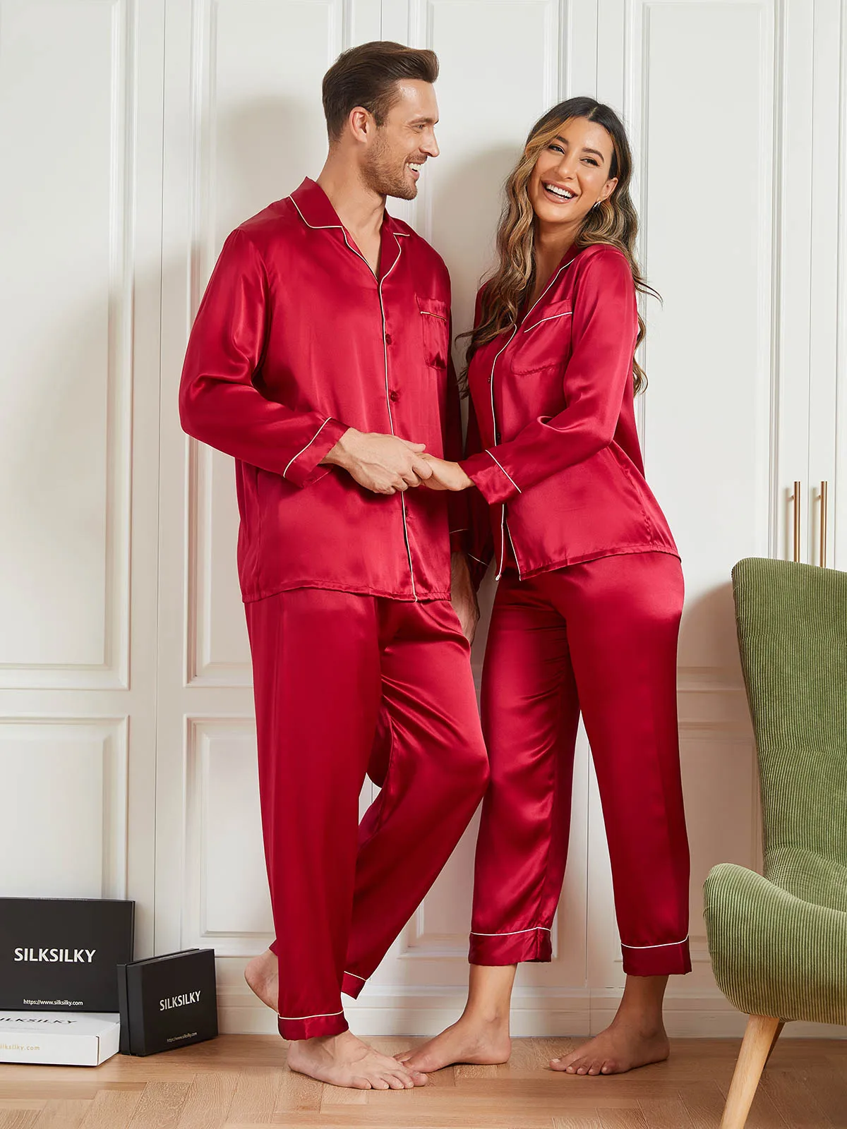 Couple 100% Mulberry Silk Long Pajamas Matching Set Total — image 4
