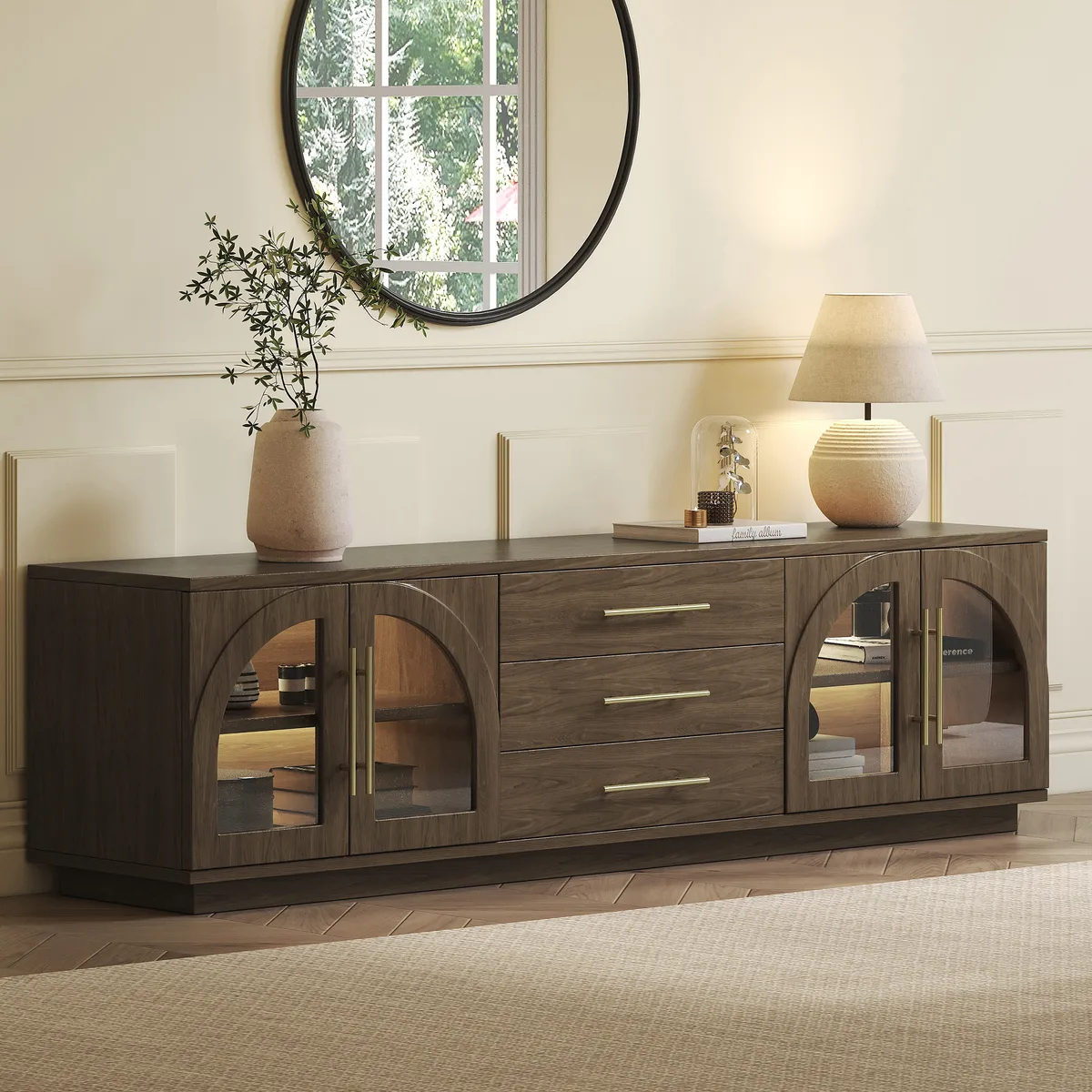 Arune 72" Arched Glass Doors Smoked Brown TV Stand with Storage and LED — image 2