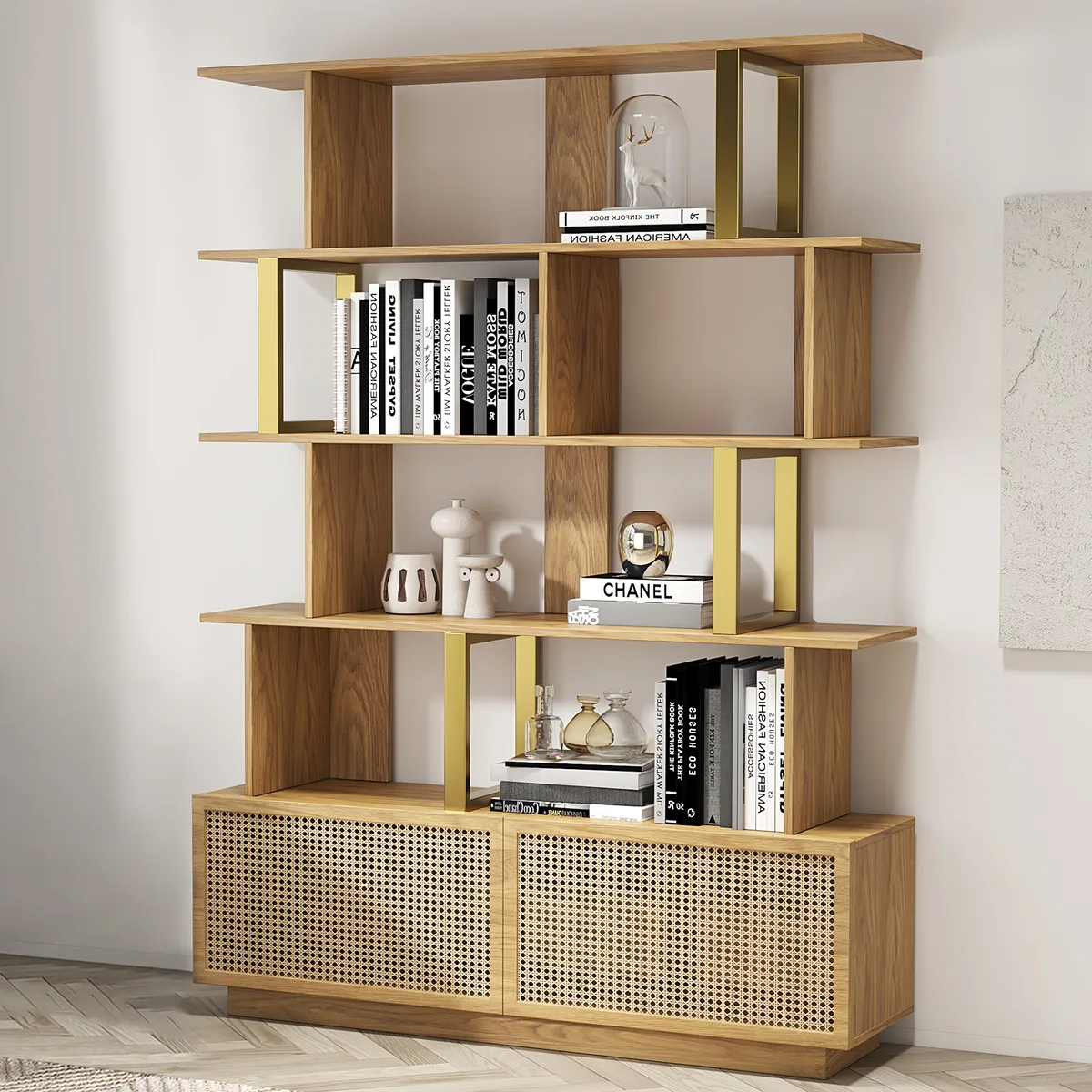 5-Tier Black Wood Bookshelf with 2 Doors Modern Bookcase in Gold Finish