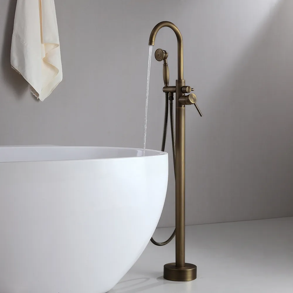 Classic Single Handle Swirling Spout Freestanding Tub Faucet with Handshower Solid