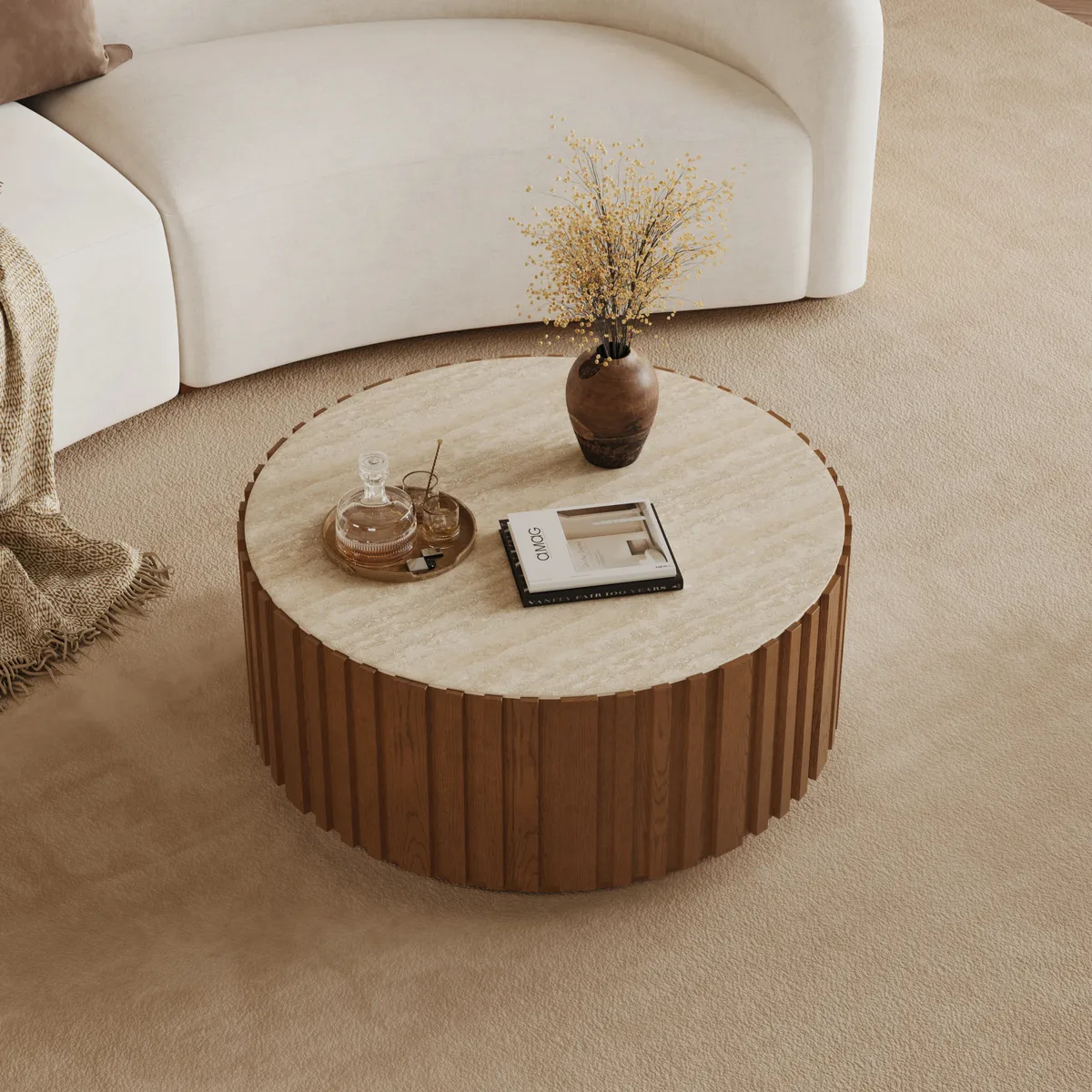 Aura 35" Ash Wood Slatted Round Coffee Table with Sintered Stone Top — image 12