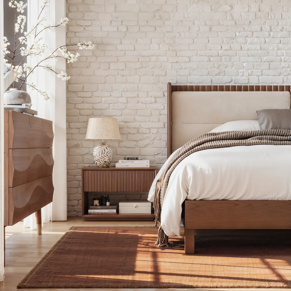 Modern Black Queen Size Solid Wood Bed with Boucle Headboard Pillows — image 14