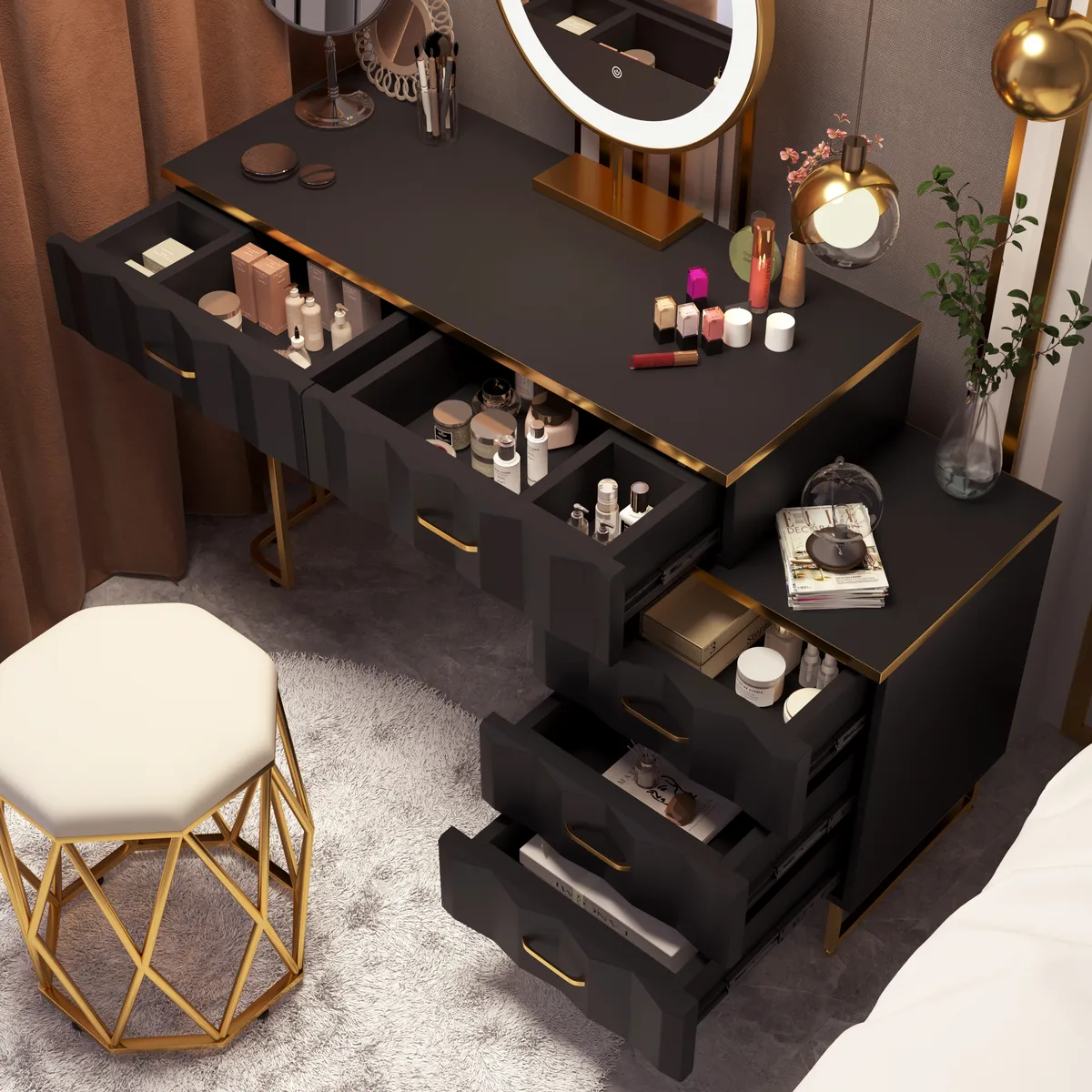Modern White Extendable Makeup Vanity 5 Drawers Dressing Table Set with Stool and Mirror — image 3
