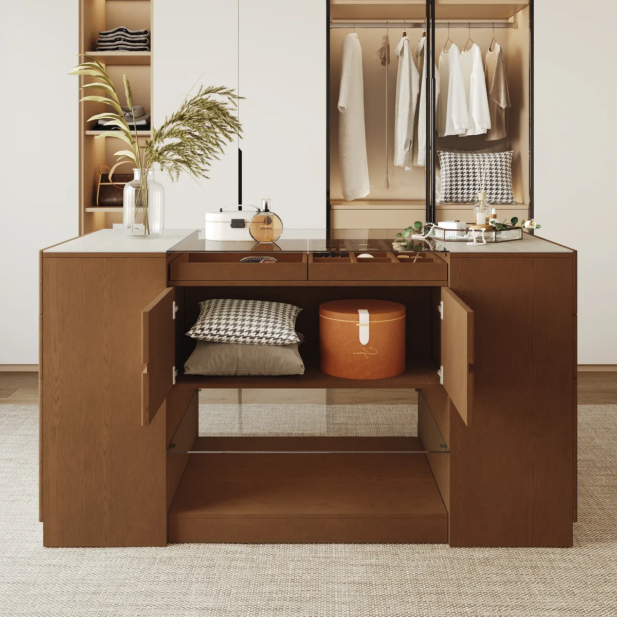 60" Glass Top Walnut Dresser Walk-in Closet Island with Jewelry Storage — image 4