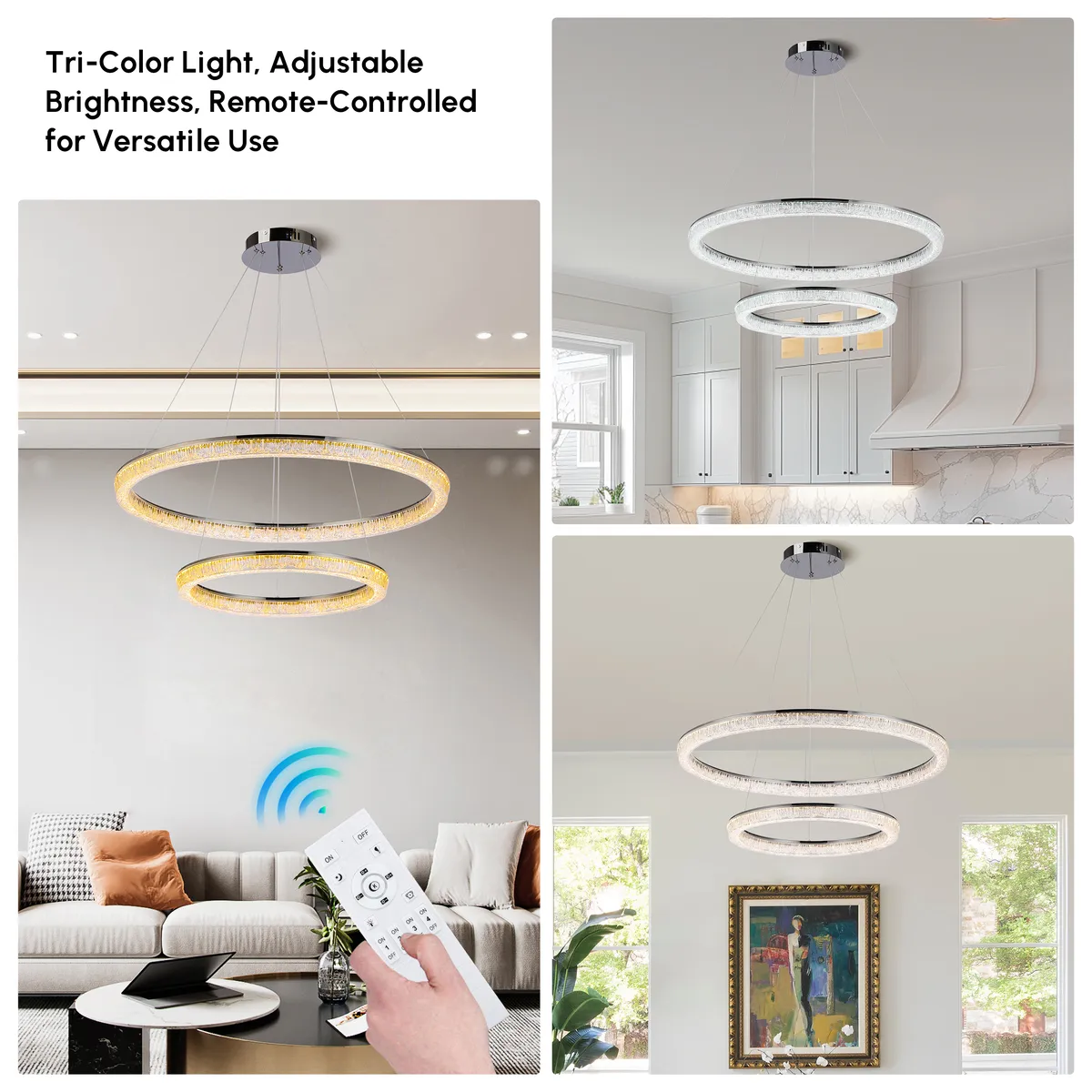 Modern Double Ring LED Chandelier – 31.5", Adjustable Suspension, 3-Color Dimmable — image 4