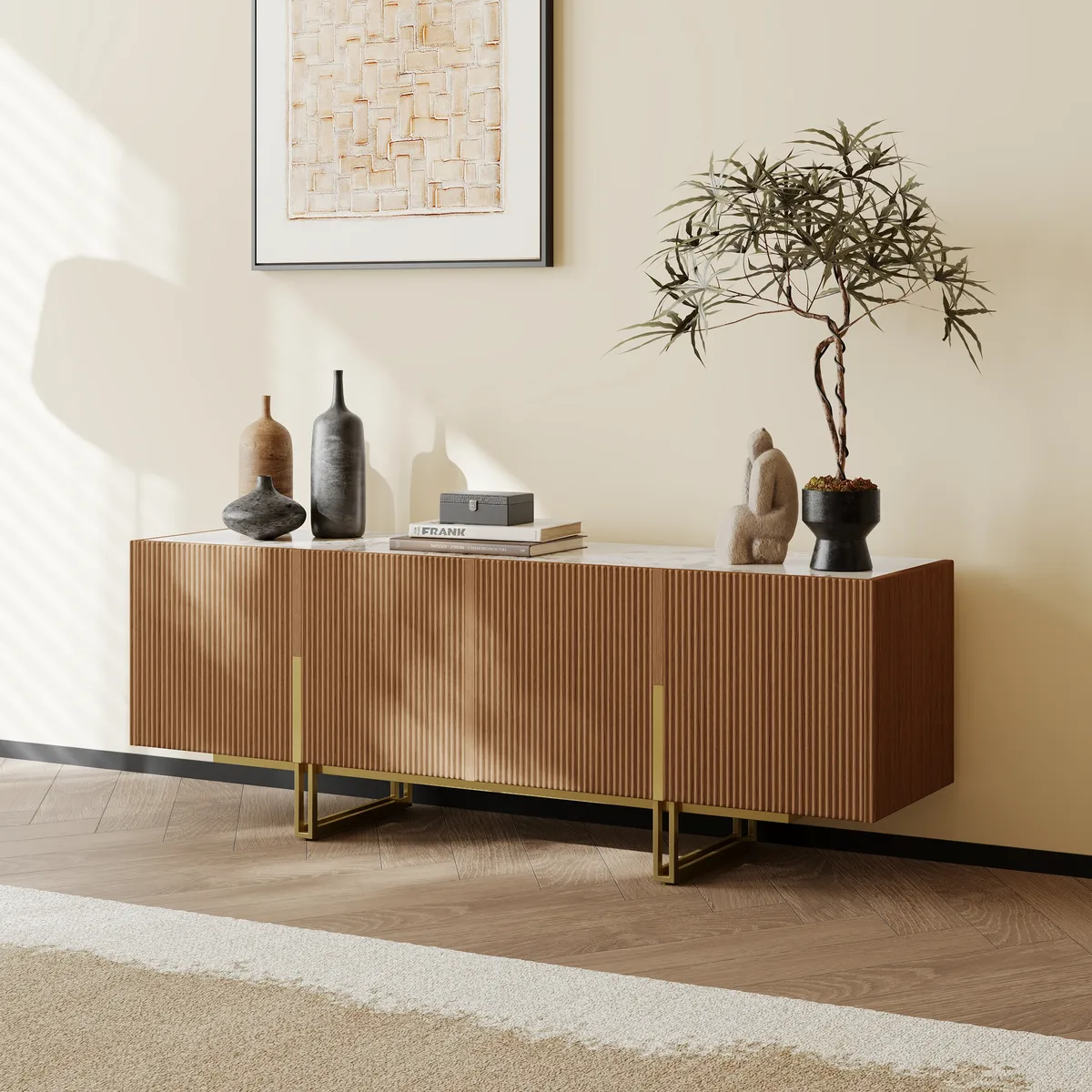 87" Stone Top Walnut TV Stand Minimalist Media Console with 4 Doors & 6 Shelves — image 21