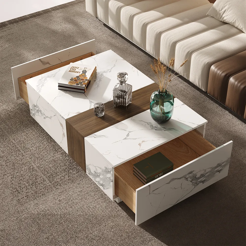 Vewal Wood Block Coffee Table Marble & Walnut Veneer in White with 2 Drawers — image 3