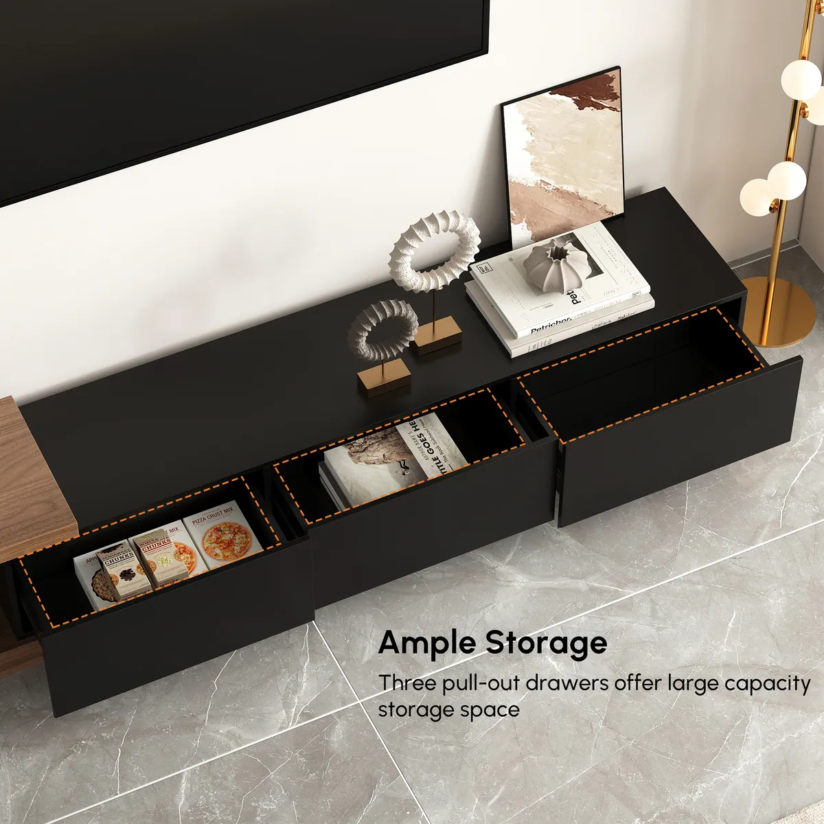 Quoint 100.4" Modern TV Stand Retracted & Extendable 3-Drawer Light Media Console — image 20