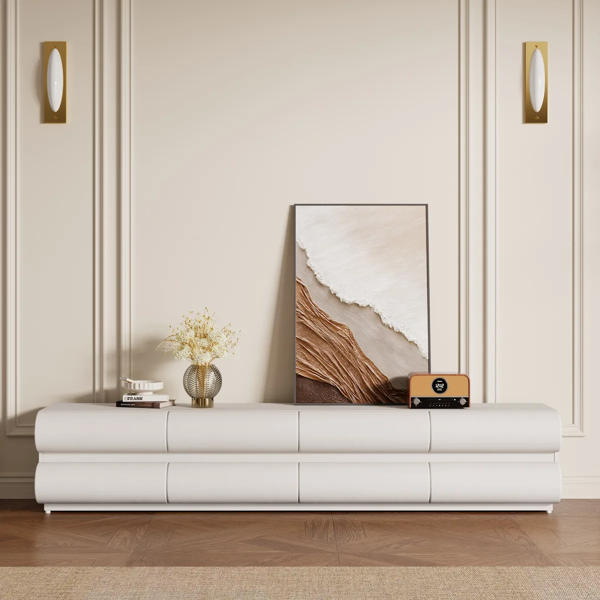 Humply Modern White Leather Long TV Stand with 8 Drawers Media Console for TVs Up