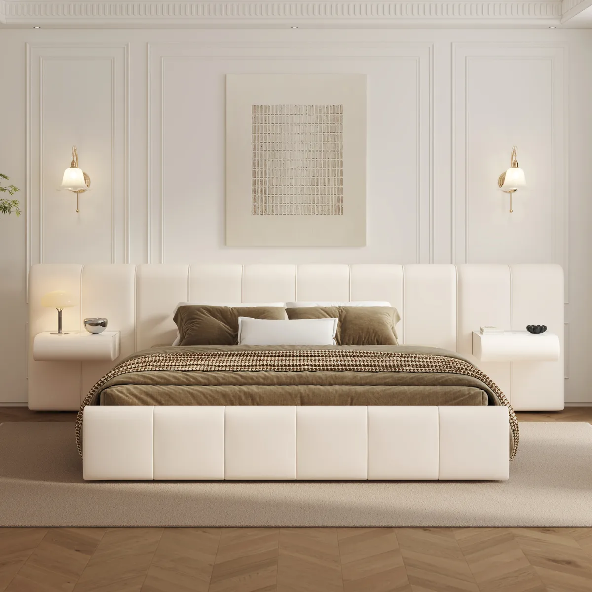 Humply King Size Upholstered Bed with Wide Headboard & Floating Smart Nightstand Set