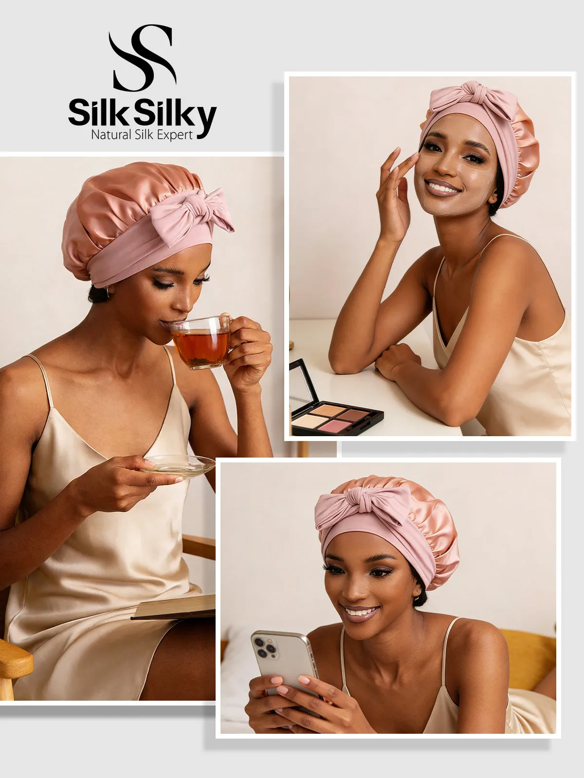 100% Mulberry Silk Bonnet Bowknot Tie Sleep Cap for Hair Protection — image 5