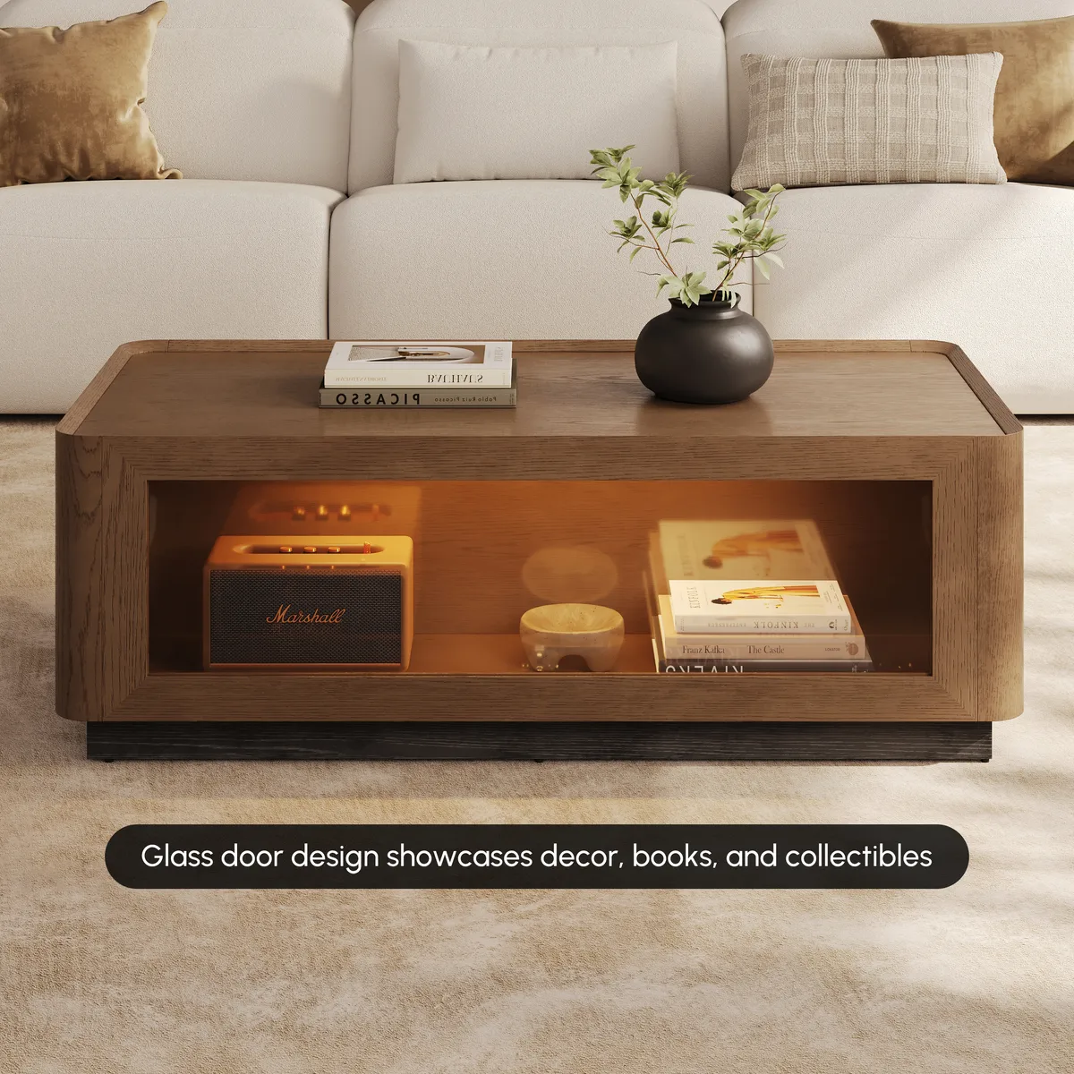 47" Glass Door Walnut Coffee Table with Storage and LED — image 8