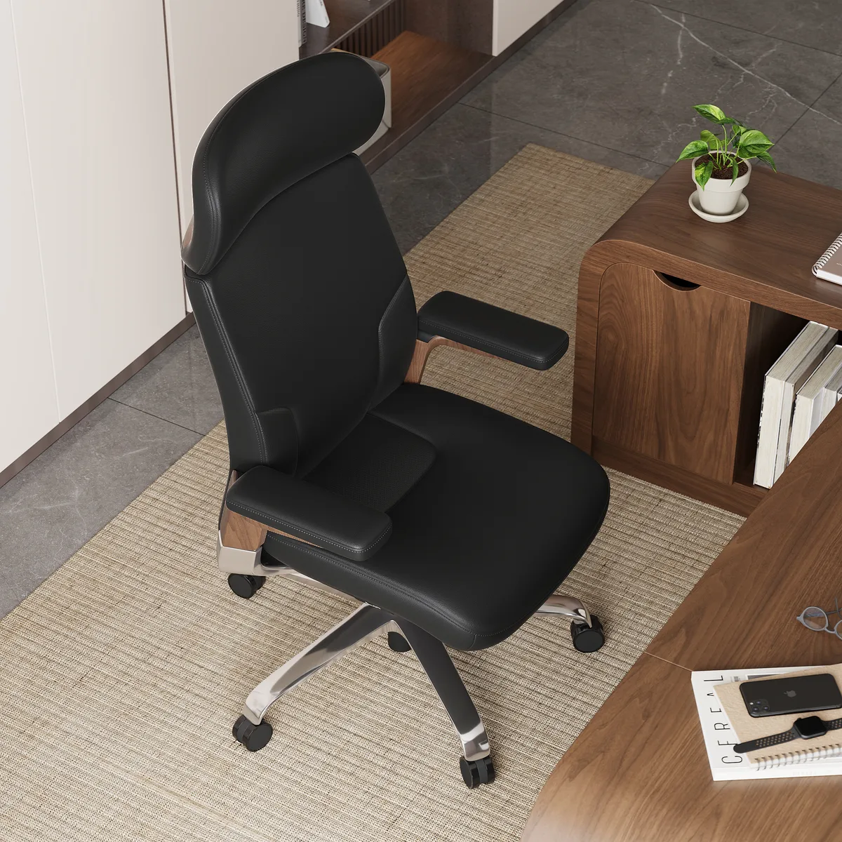 Black Genuine Leather Swivel Office Chair with Ergonomic Synchro-Tilt Recline System — image 2