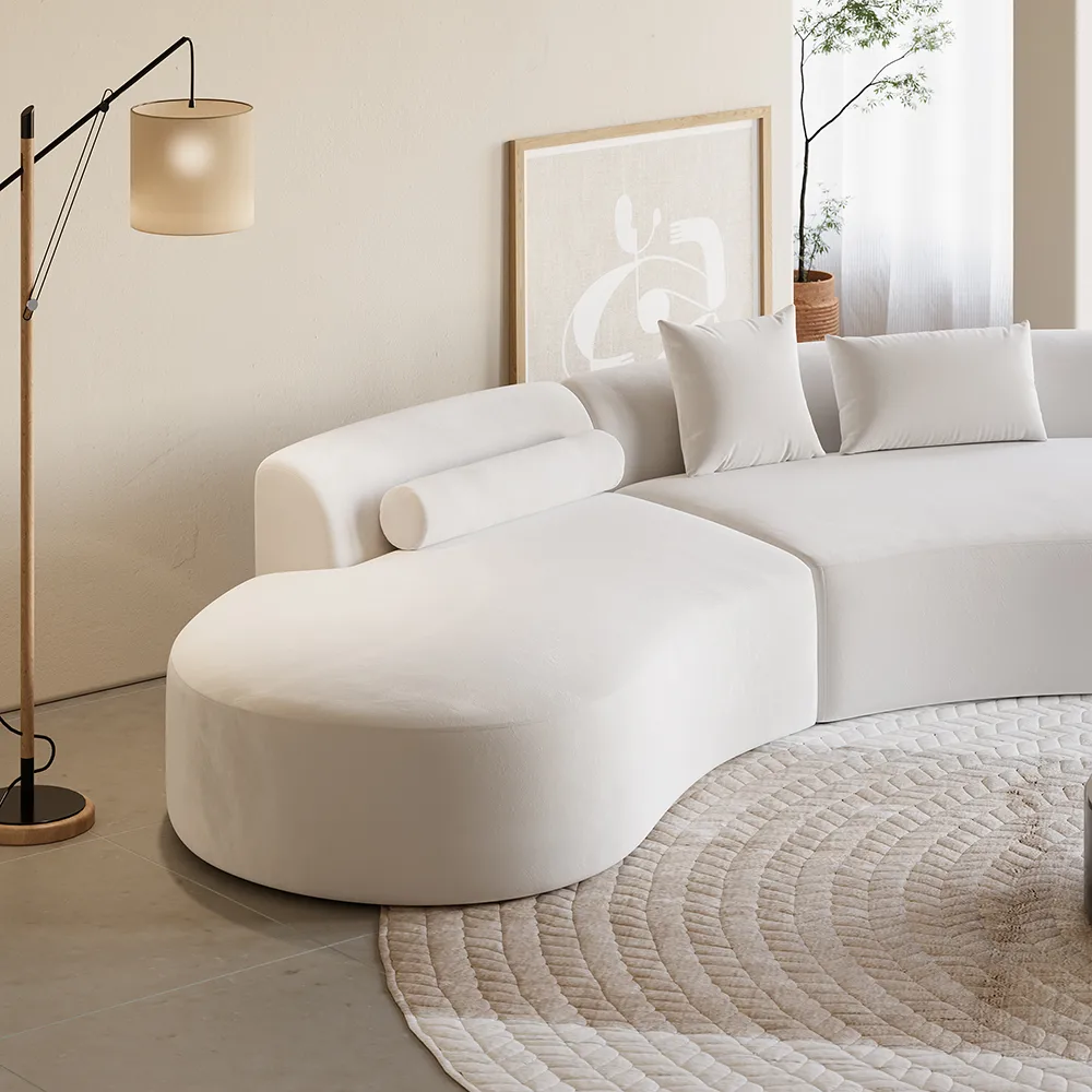 109" Modern White Curved Velvet Sectional Sofa 2 Piece 4-Seater Chaise with 3 Pillows — image 5