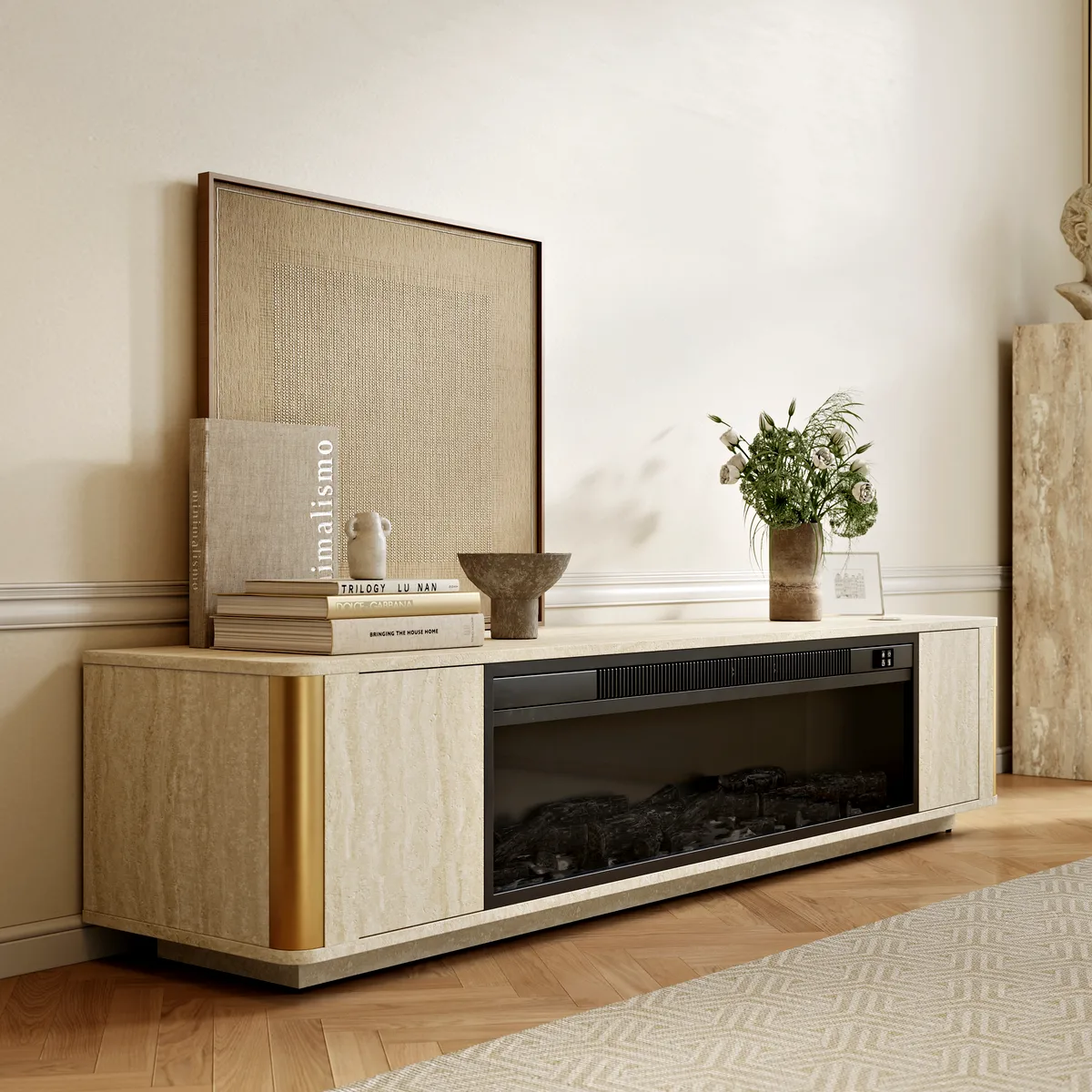 79" Travertine Veneer Electric Fireplace TV Stand with Storage in Oatmeal For living Room — image 8
