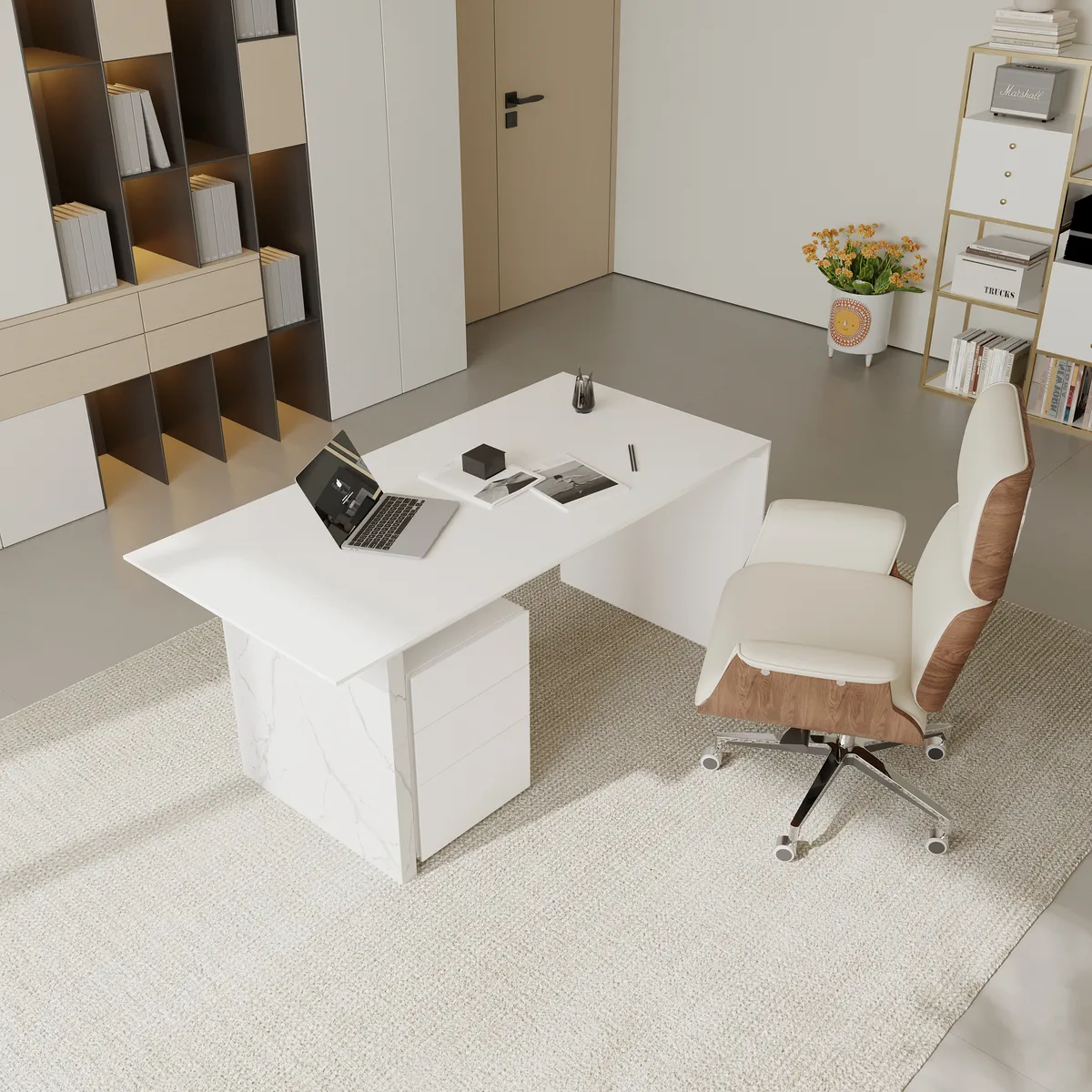 60" Modern MDF & Marble Veneer Desk & Off White Home Office Chair Set High Back — image 4