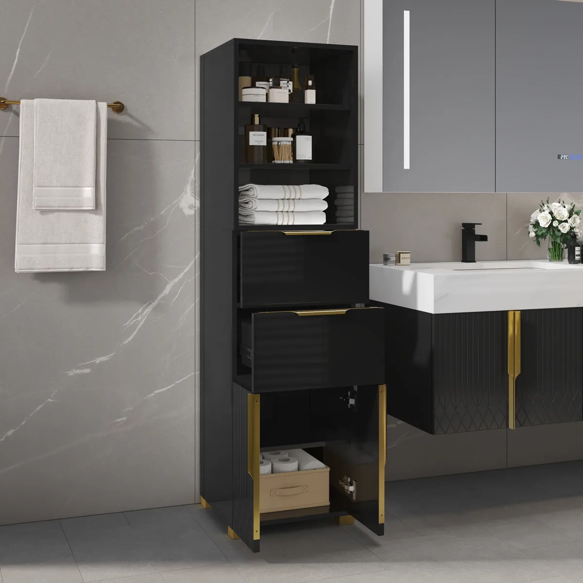 Aro 59" Freestanding Bathroom Storage Cabinet with Shelves, Drawers & Doors — image 3