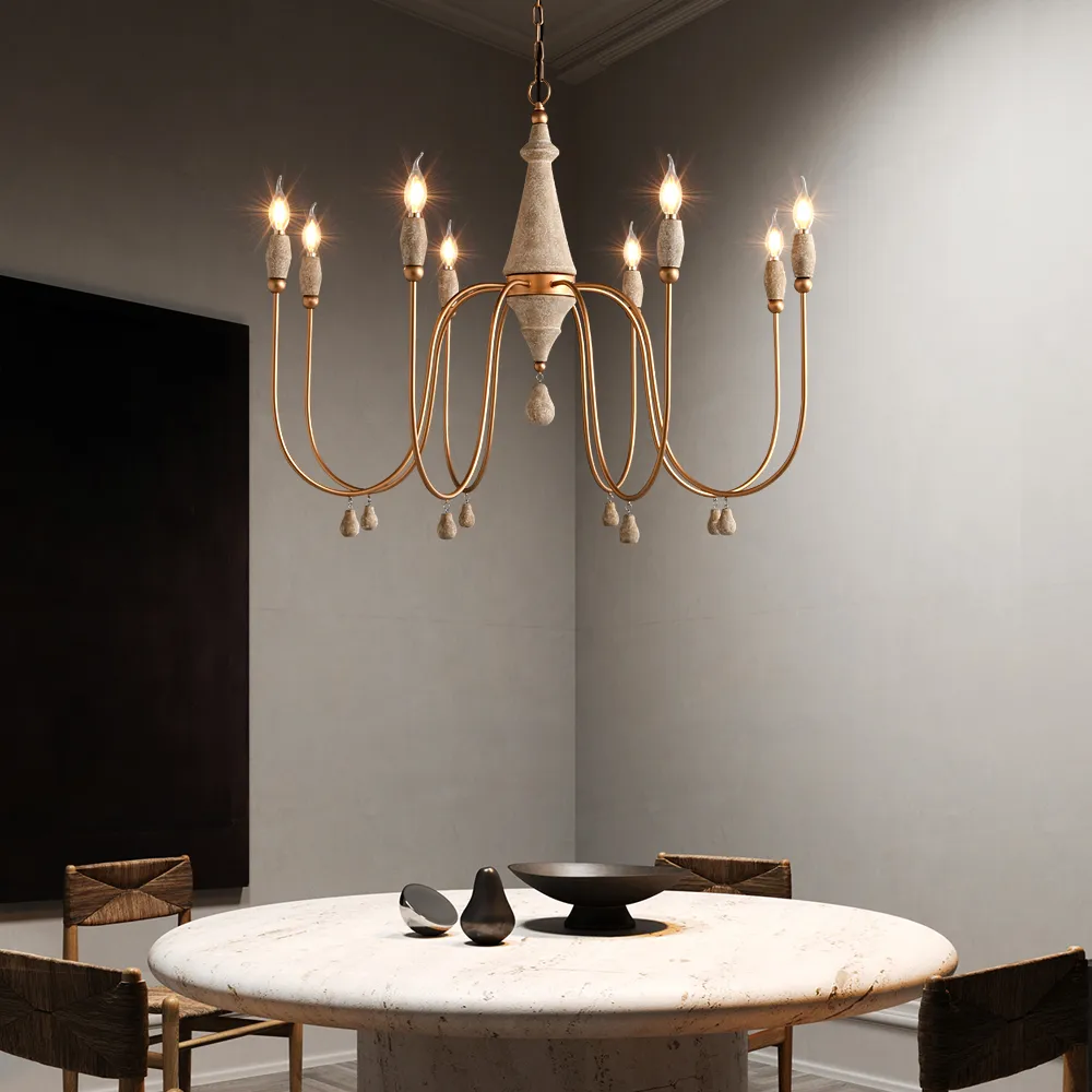 Mid-Century 8-Light Candle-Style Chandelier with Gold Ovated Wood Farmhouse Modern Pendant Light — image 5