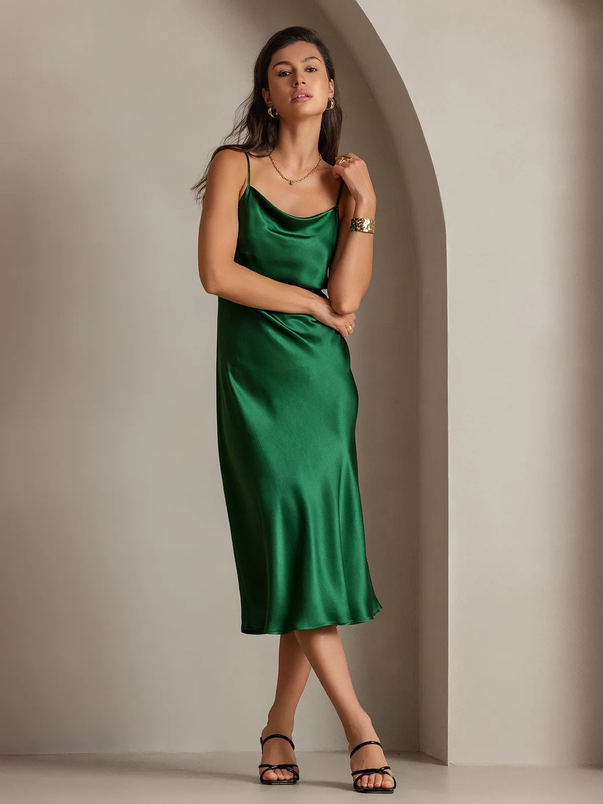 100% Mulberry Silk Cowl Neck Midi Dress — image 4