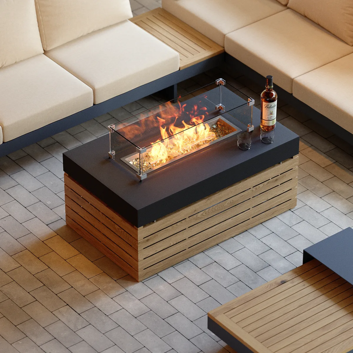 Aluminum Wood Outdoor Sectional Sofa & Propane Gas Fire Pit Table With Glass Wind Guard — image 7