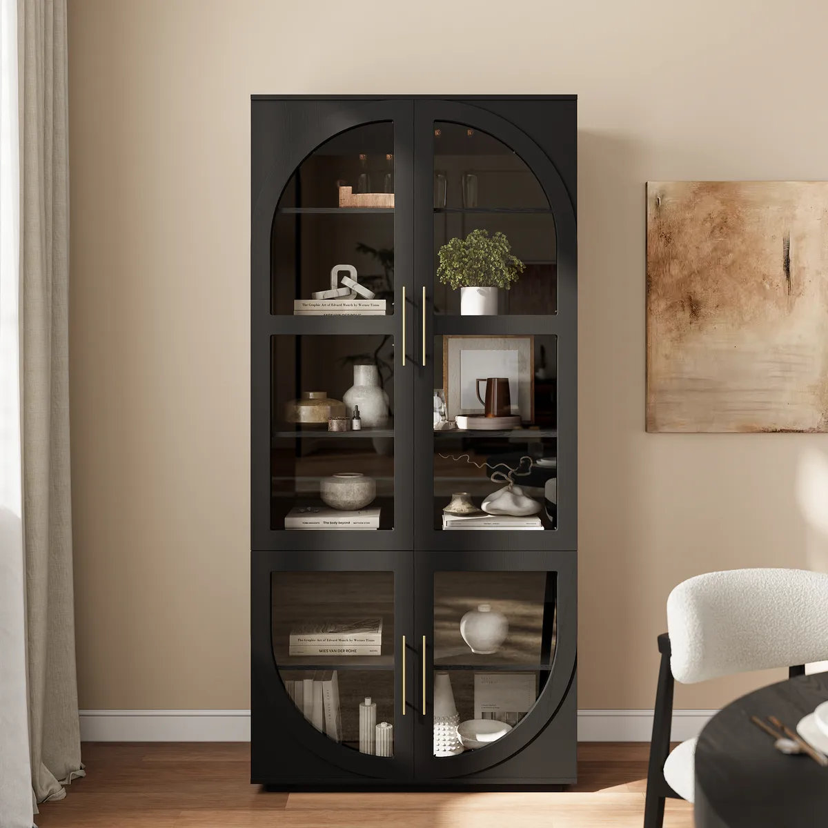 Arune Glass Tall Display Cabinet with Drawers & LED Light