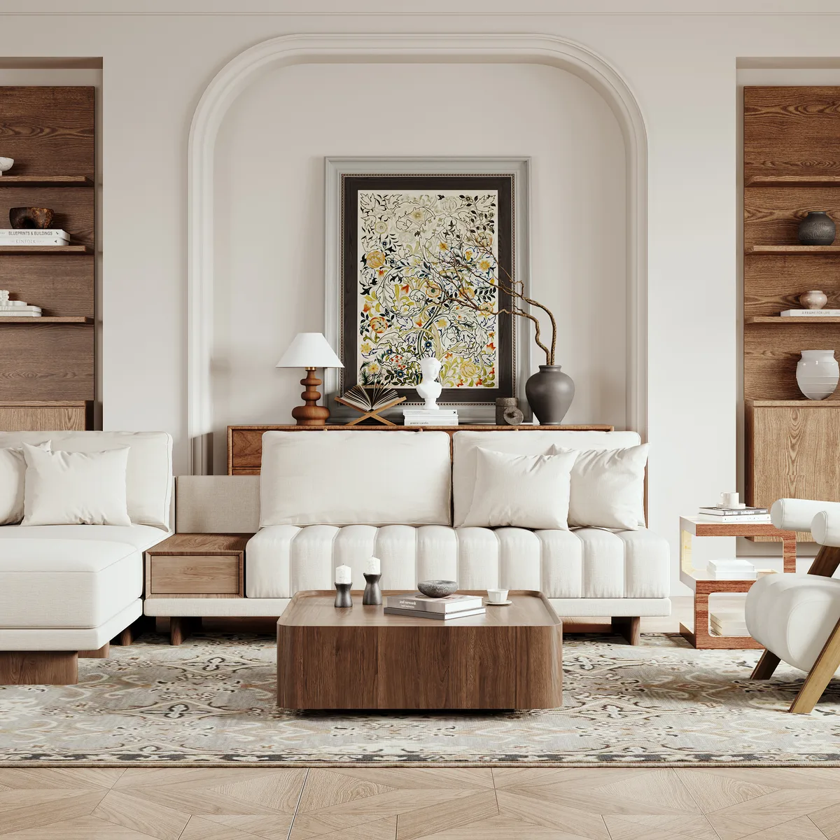 35" Walnut Square Coffee Table with Storage Mid-Century Modern Block Living Room Table — image 4