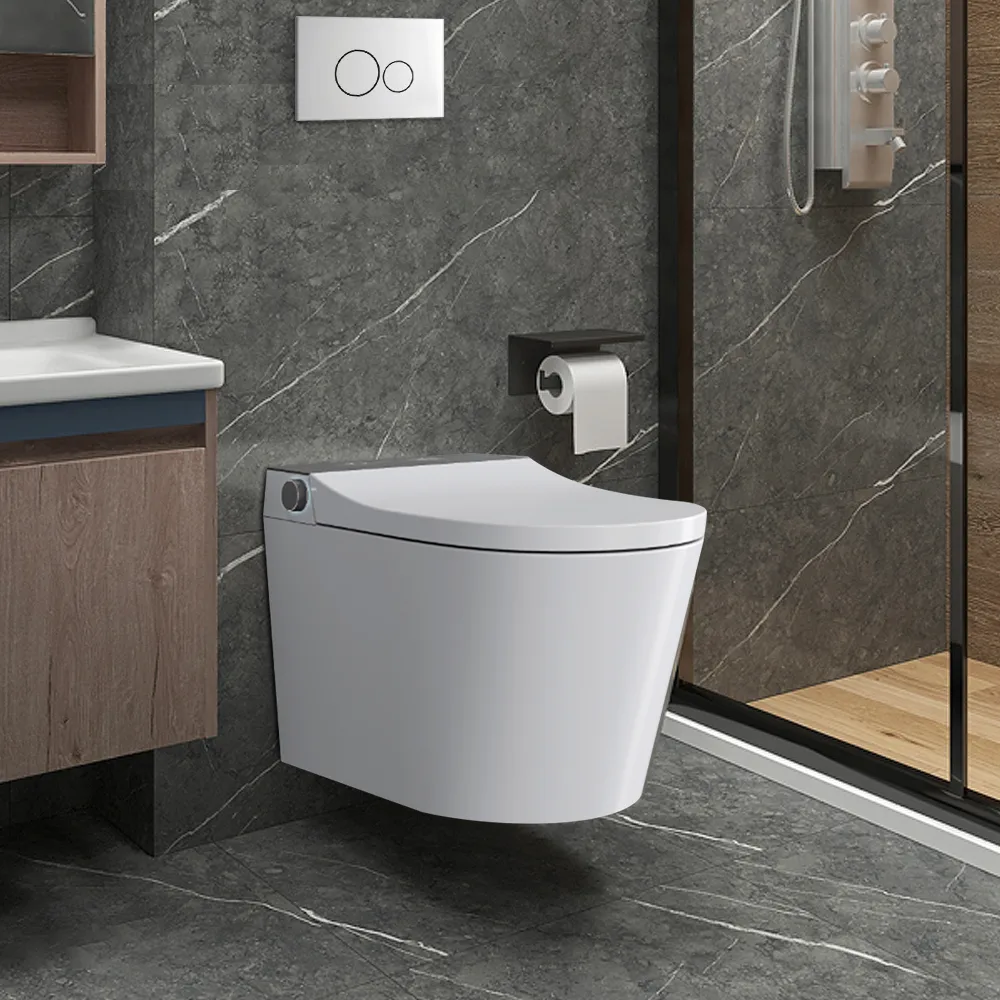Set of Two Elongated Smart Toilet Wall Mounted 1.58 GPF Automatic with In-Wall Tank & Carrier System