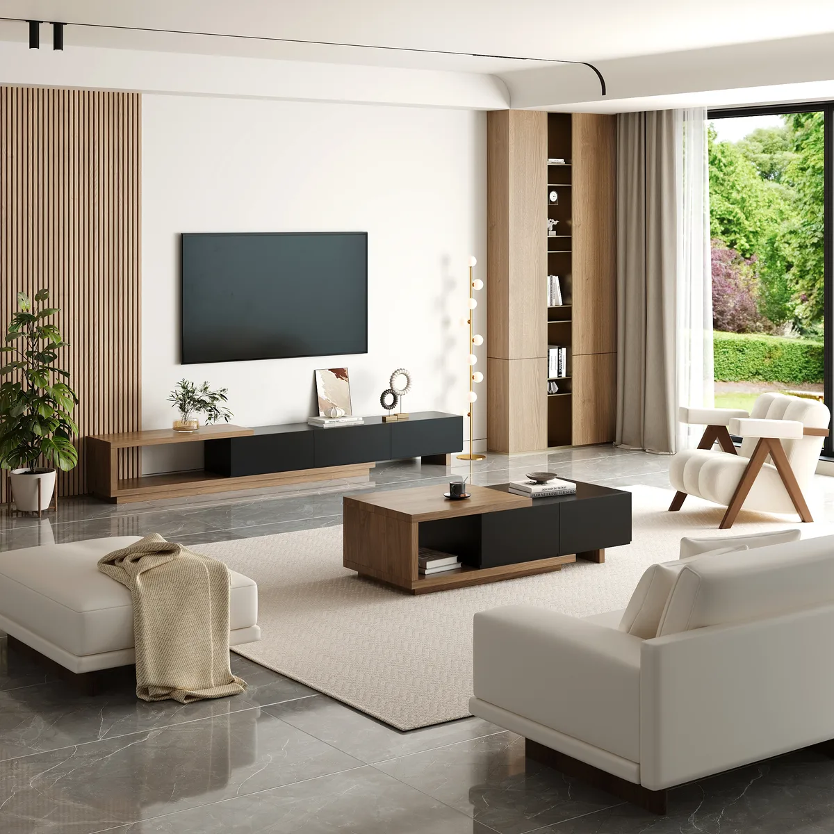 Quoint 100.4" Modern TV Stand Retracted & Extendable 3-Drawer Light Media Console — image 17