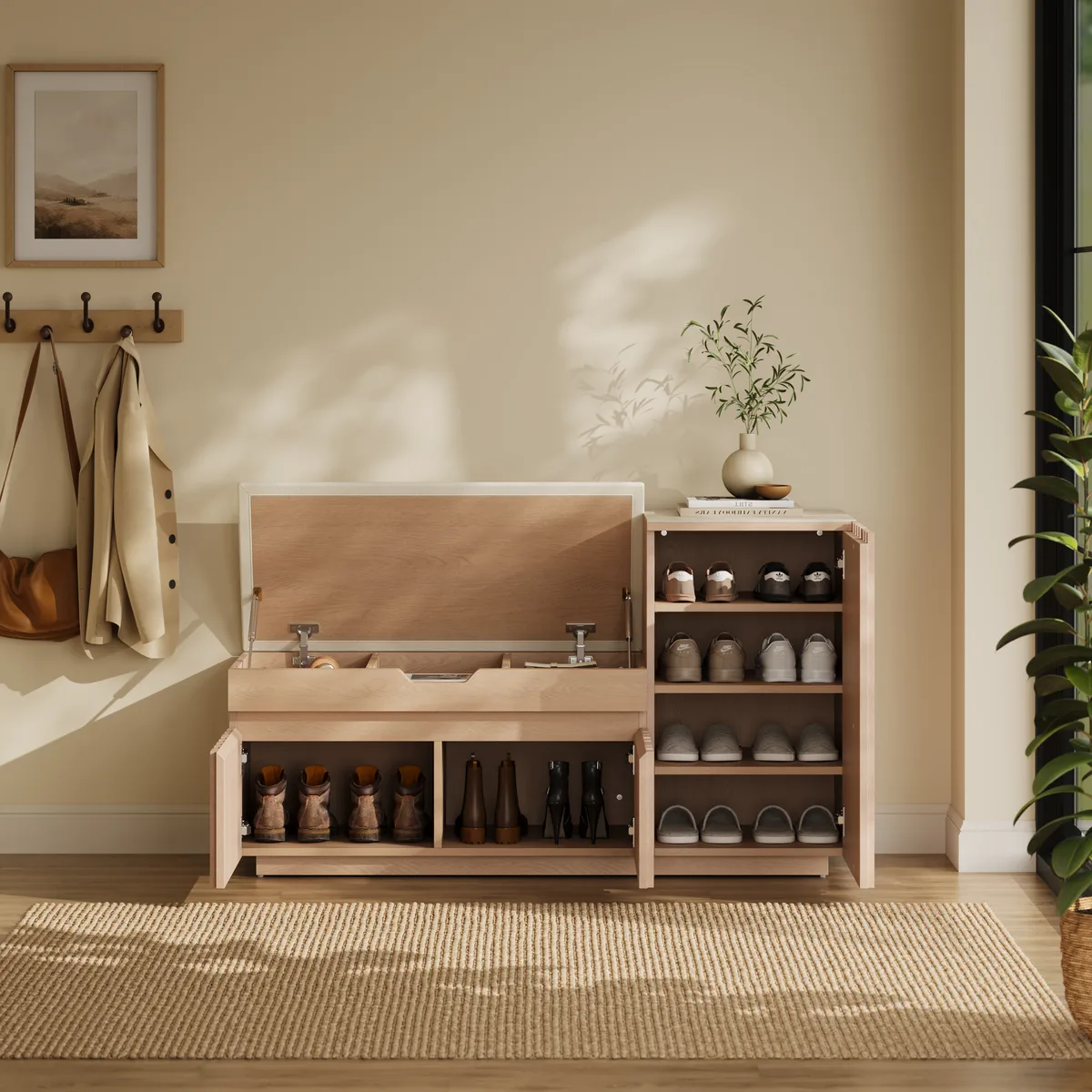 Aura 47” Wooden Shoe Storage Bench with Right-Side Cabinet for Entryway — image 14