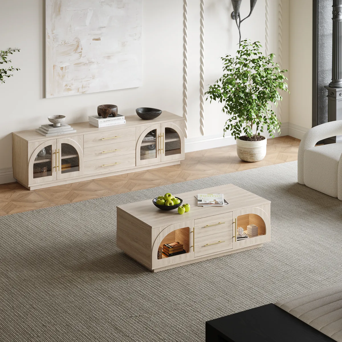 Arune 72" Japandi Whitewash TV Stand Coffee Table Set with LED Lights and Arched Glass Cabinet Doors — image 3