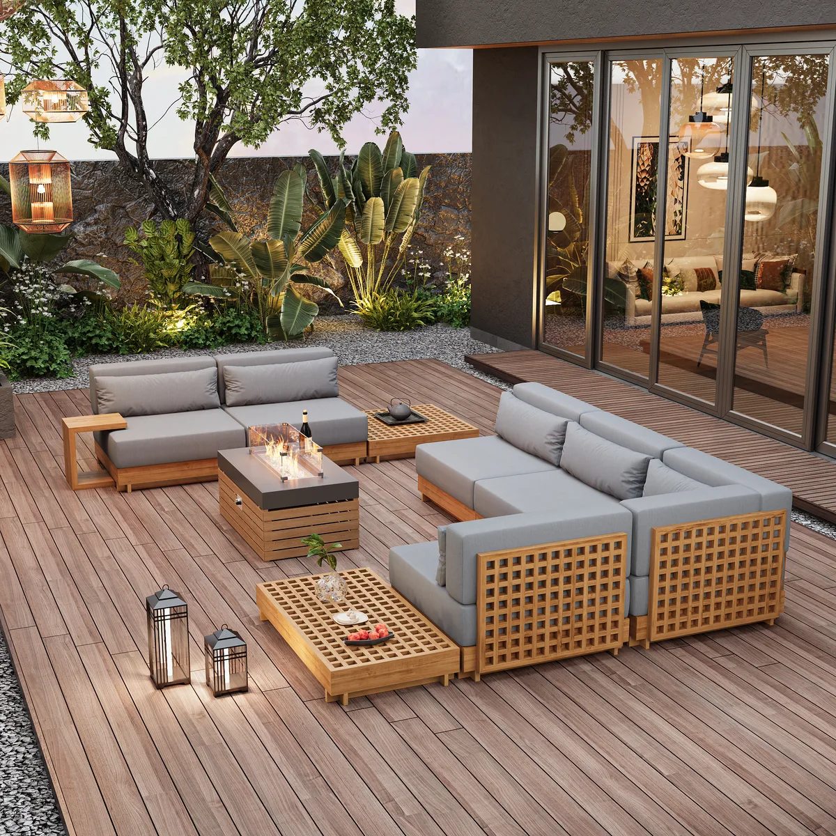 10 PCS Premium Teak Modular L-Shaped Outdoor Sofa Set with Fire Pit & Teak Coffee Table Large Outdoor & Patio Luxury Teak Sofa Set with Fire Pit — image 13