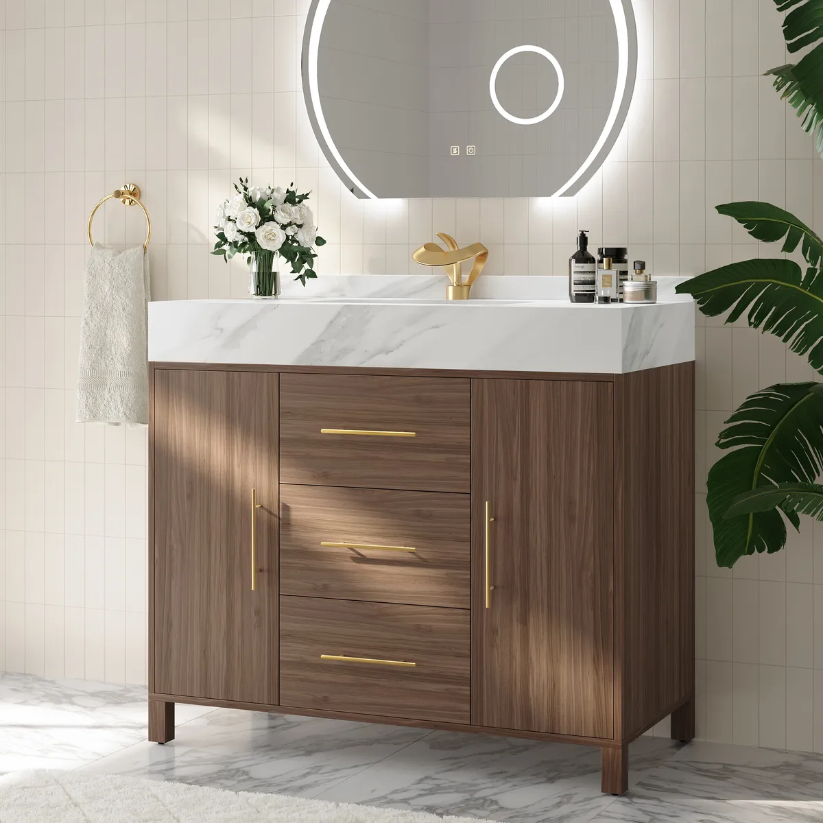39" Walnut Freestanding Bathroom Vanity Sintered Stone Top & Silver Handles — image 2